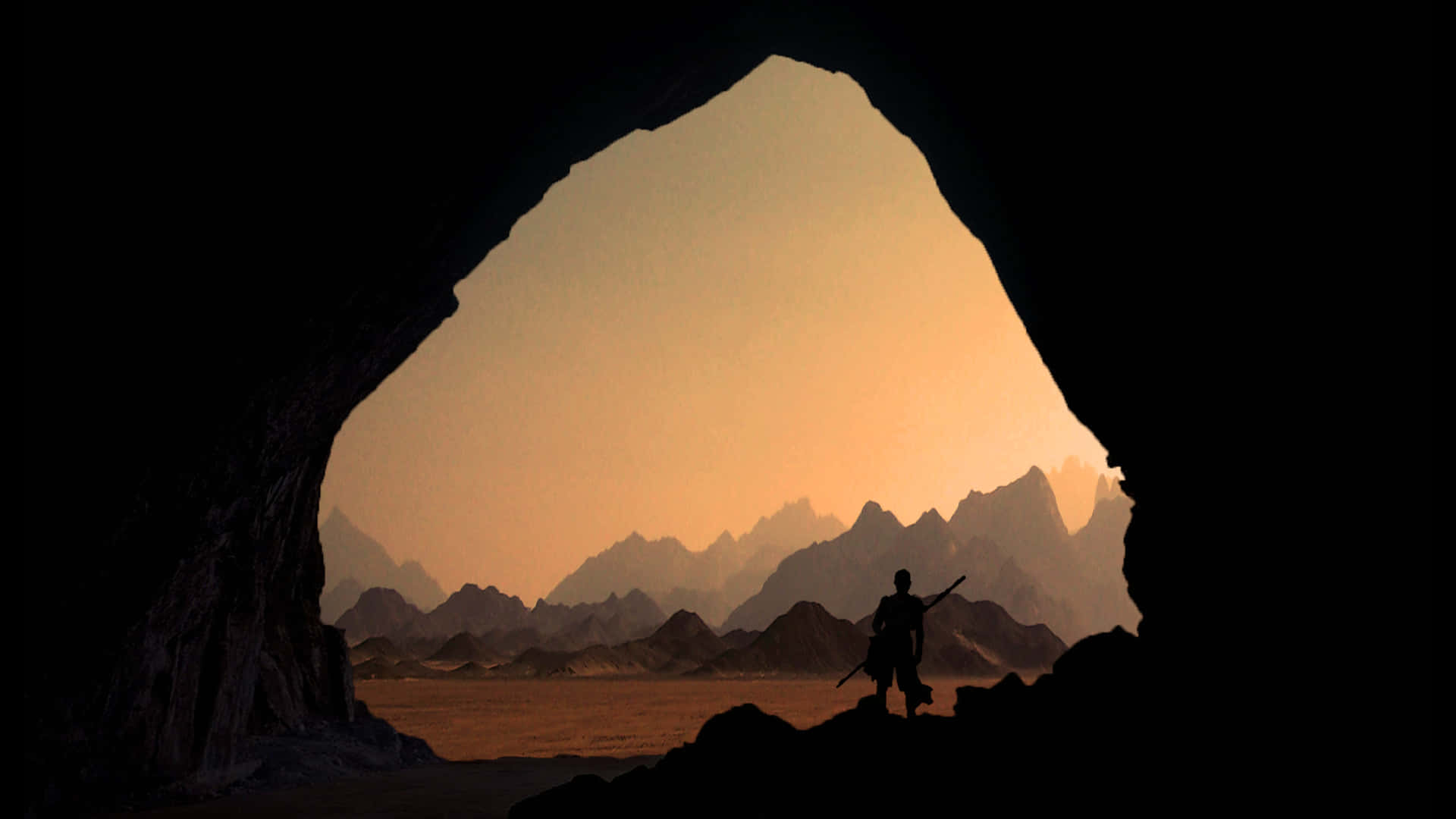Jakku 桌布 壁紙 — 一個孤獨的戰士以剪影形式站在洞穴入口，凝視著沐浴在金色日落光芒中的廣闊沙漠景觀。