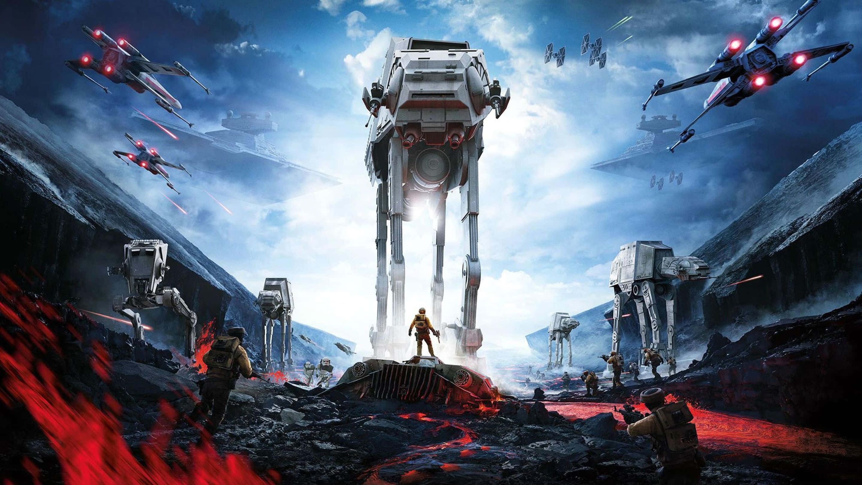 Cool Star Wars 桌布 壁紙 — 一個孤獨的戰士在充滿岩漿的戰場上頑強地站立，而高聳的AT-AT步行機在暴風雨的天空下前進，X翼戰機在上方開火。