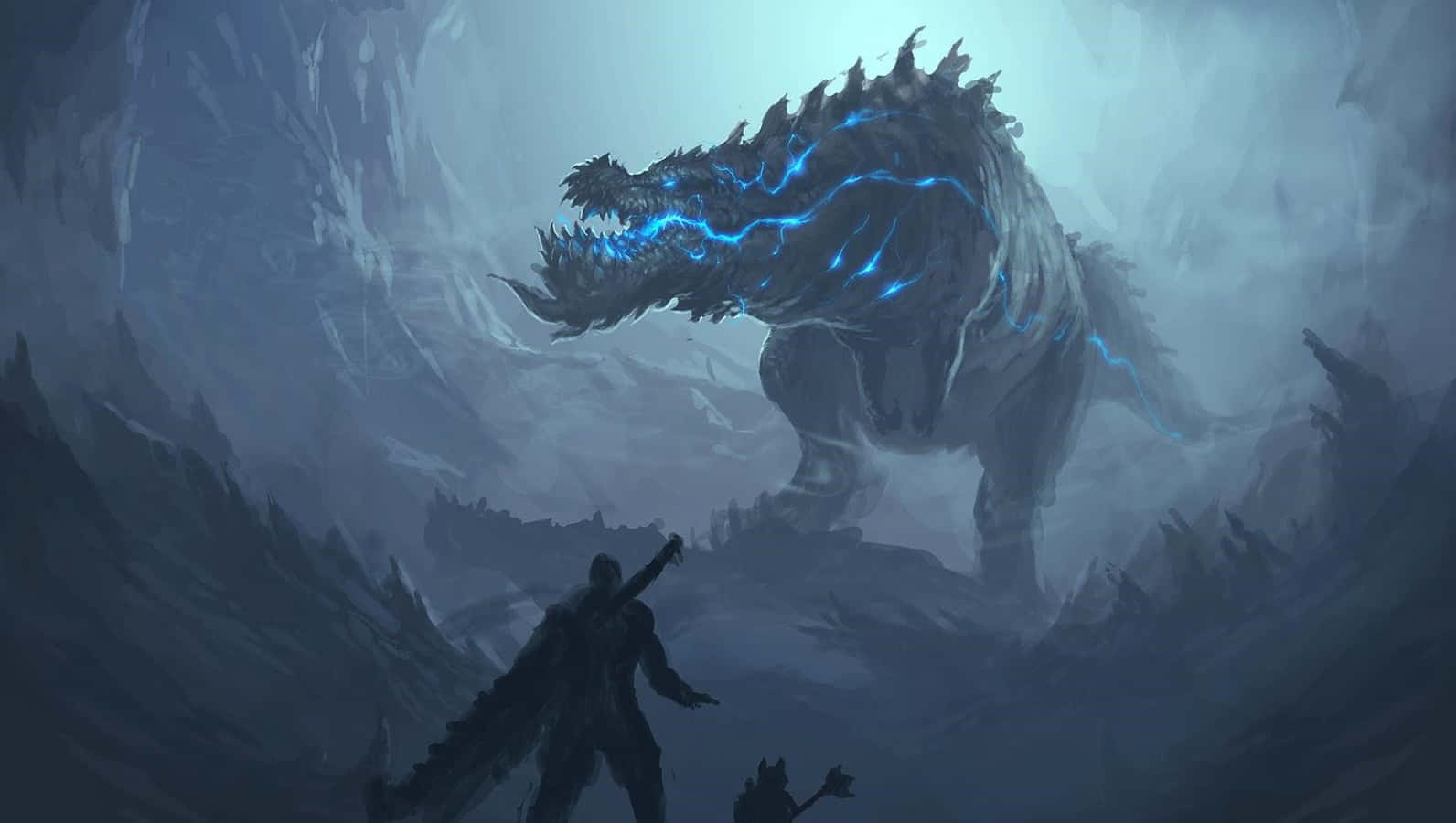 Myths 桌布 壁紙 — 一個孤獨的戰士在煙霧瀰漫的山洞中，挑釁地站在一隻巨大的藍色發光龍面前。