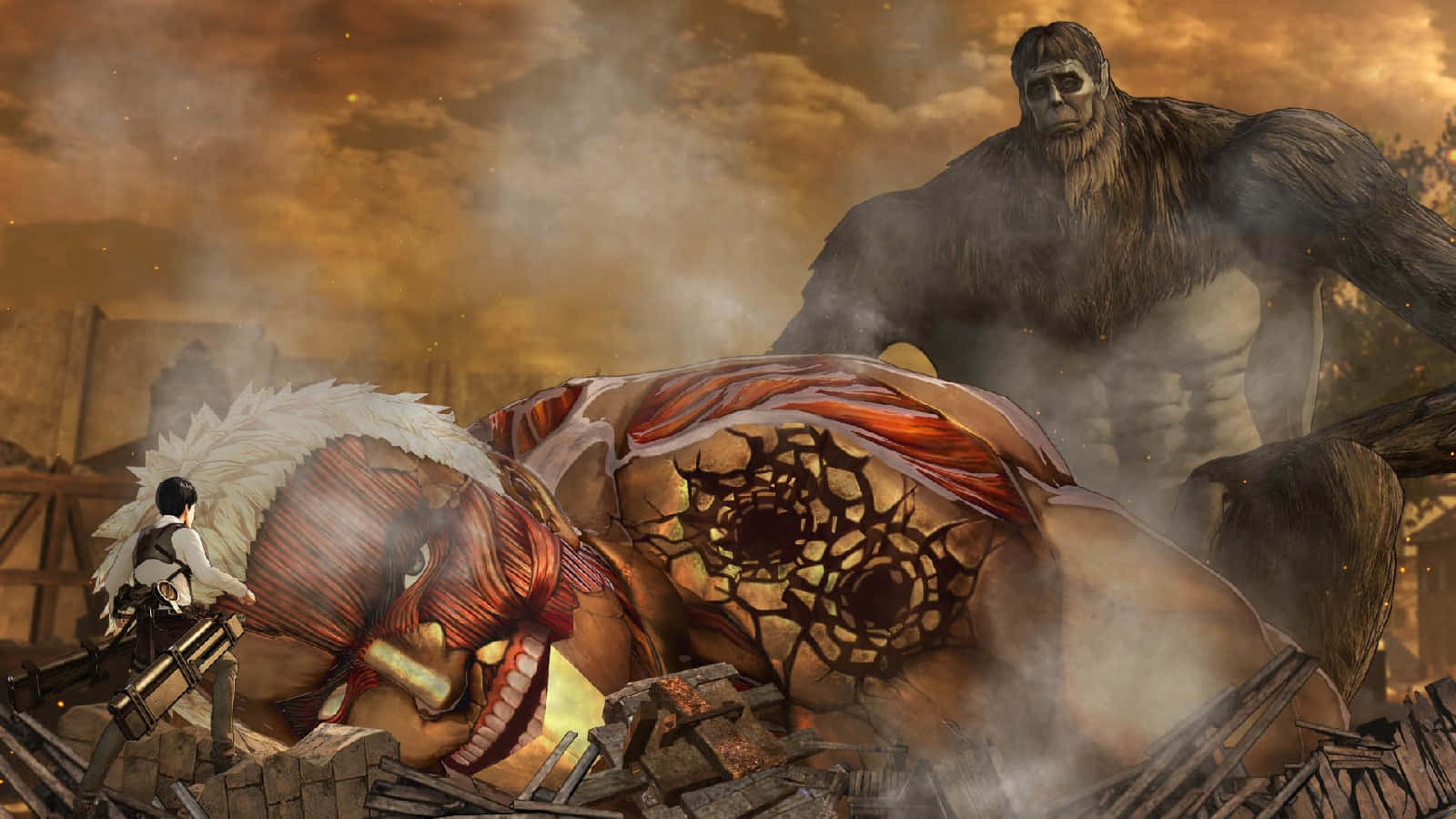 Giant Creatures 桌布 壁紙 — 一個孤獨的戰士手持3D渲染的武器，在煙霧瀰漫的戰場上，在熾熱的橙色天空下，挑釁地站在一個巨大、腐朽的泰坦旁邊。