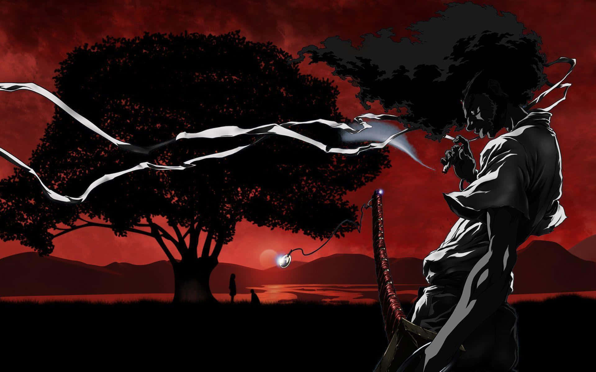 Afro Samurai 桌布 壁紙 — 一個孤獨的戰士手持劍，站在血紅色的天空下，白色的絲帶從他的手中飛向一棵剪影樹。