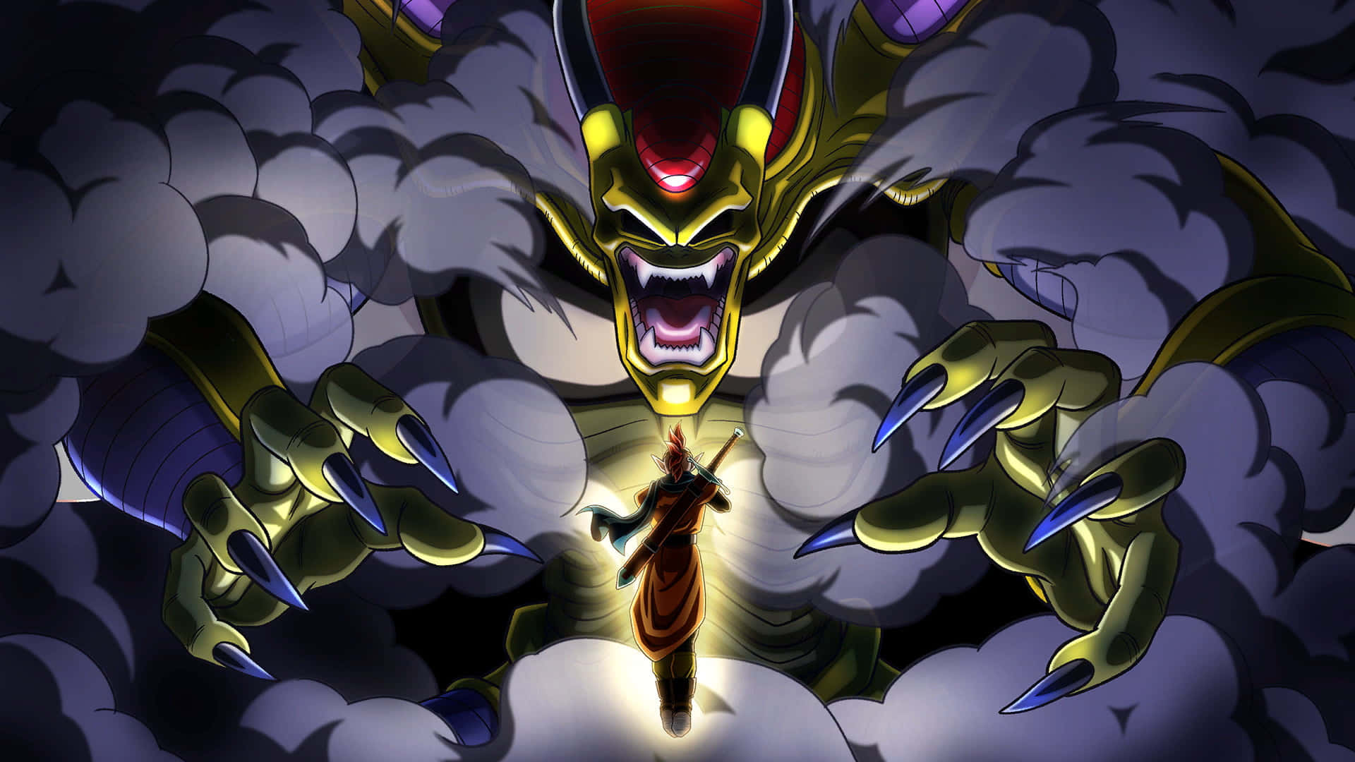 Dragon Ball Xenoverse 桌布 壁紙 — 一個孤獨的戰士挑釁地站在一隻從暴風雲中出現的巨大金色龍面前，牠有著發光的紅色眼睛和鋒利的爪子。