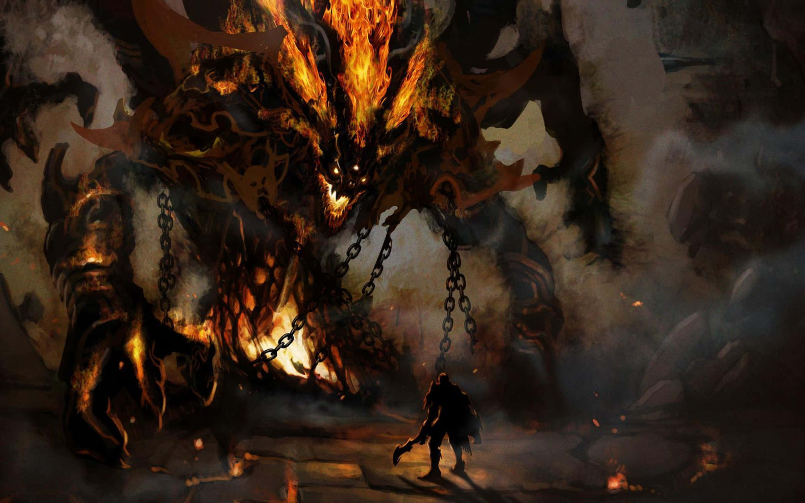 Cool Demon 桌布 壁紙 — 一個孤獨的戰士站在一個被鎖鏈鎖在煙霧瀰漫的洞穴巢穴中的巨大火焰惡魔面前。
