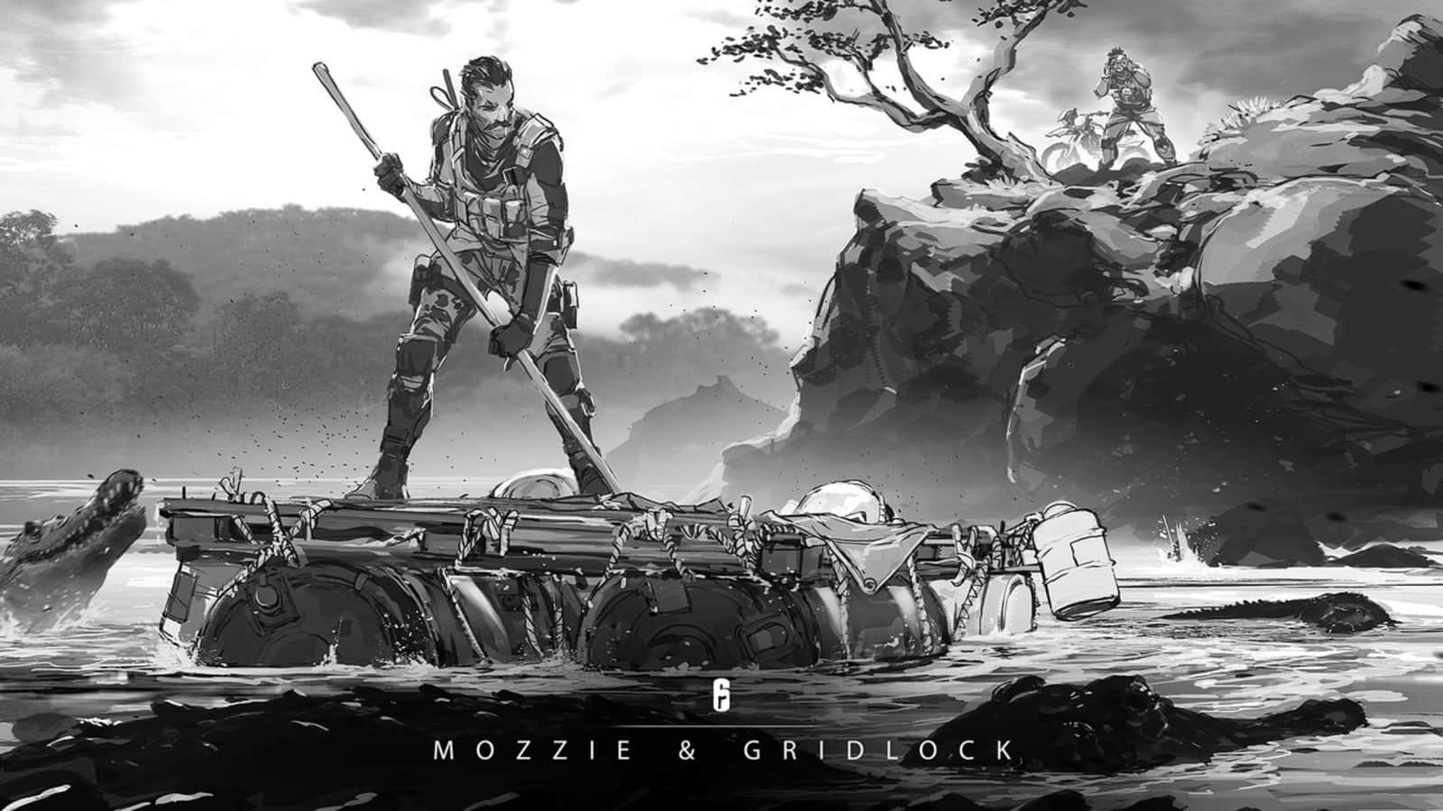 Rainbow Six Siege Mozzie 桌布 壁紙 — 一個孤獨的戰士站在單色沼澤中一艘沉沒的坦克上，沼澤中有鱷魚，遠處的岩石露頭上有個人影。