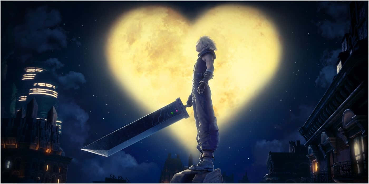 Kingdom Hearts Characters 桌布 壁紙 — 一個孤獨的戰士站在屋頂上，手持巨劍，在閃爍的星夜城市景觀中，一輪發光的愛心形月亮之下。