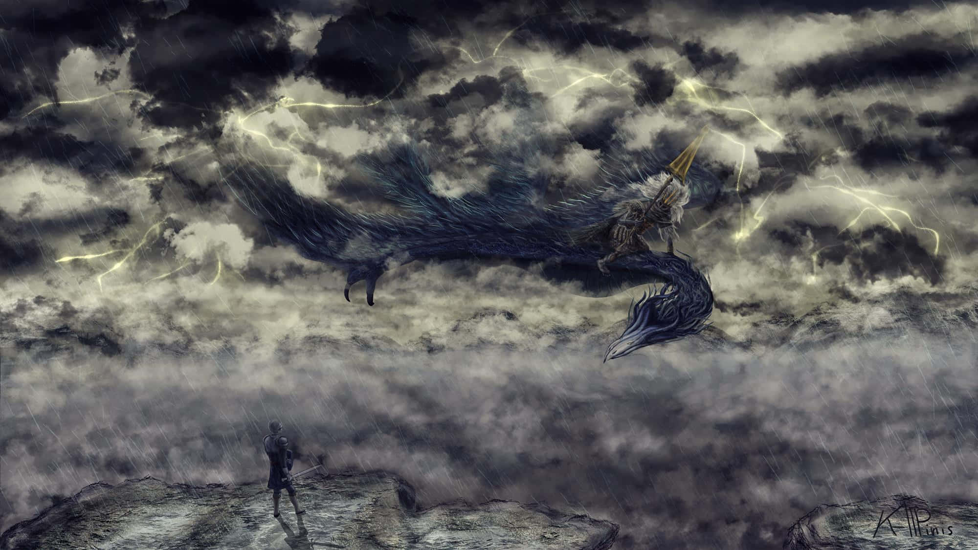 Nameless King 桌布 壁紙 — 一個孤獨的戰士站在暴風雨的懸崖上，一隻巨大的黑暗巨龍帶著發光的黃色閃電在上方的雲層中劈啪作響。