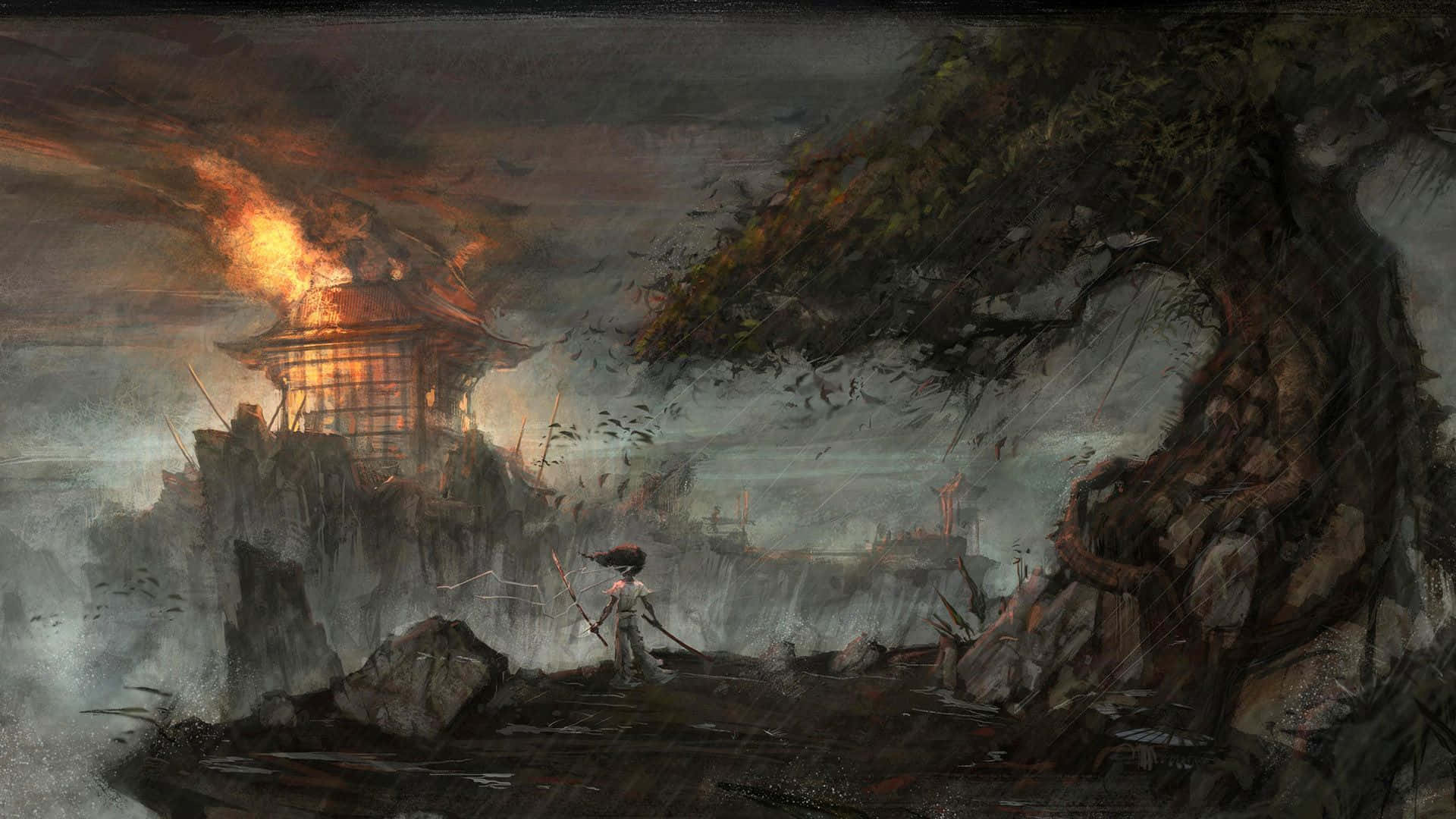 Afro Samurai 桌布 壁紙 — 一個孤獨的戰士站在風暴懸崖上燃燒的寶塔前，鳥兒飛過烏雲。