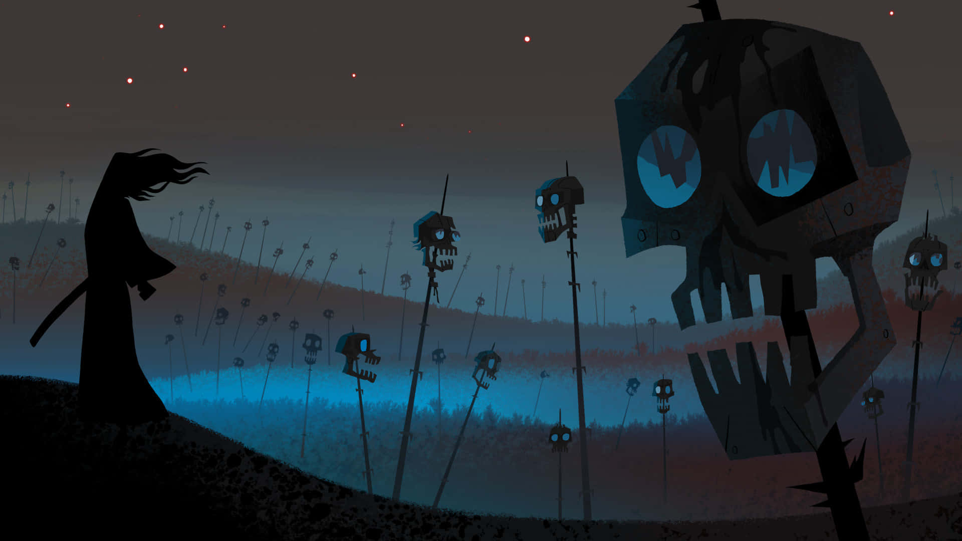 samurai jack 桌布 壁紙 — 一個孤獨的戴兜帽身影站在一片閃爍藍色眼睛的頭骨田野前，背景是繁星點點的夜空。