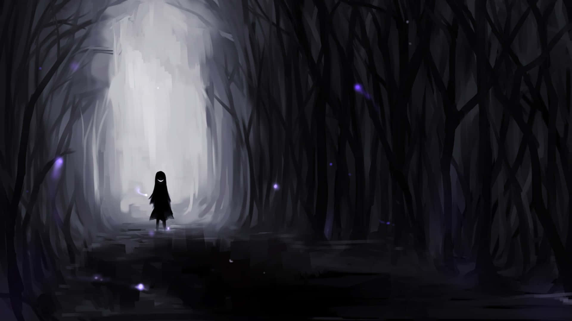 Unsettling 桌布 壁紙 — 一個孤獨的戴帽人影穿過黑暗陰森的森林，走向前方明亮的發光隧道。