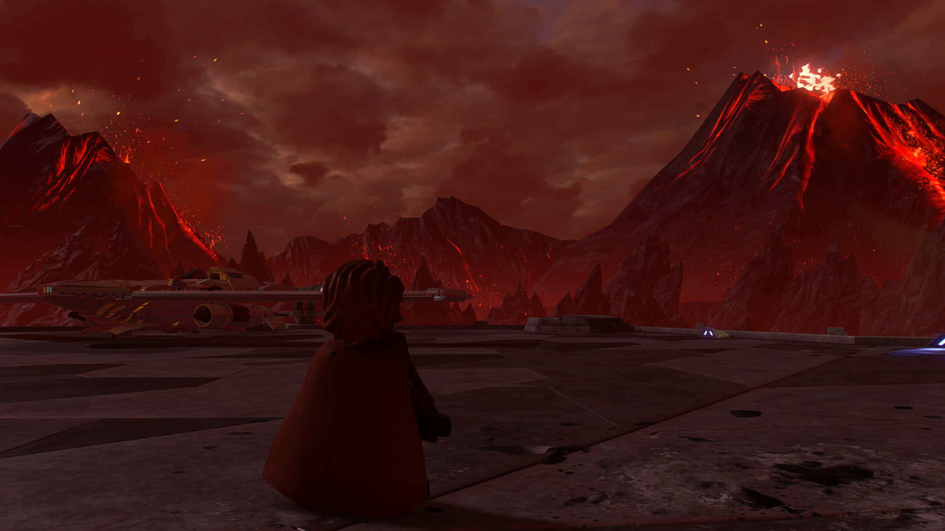 Mustafar 桌布 壁紙 — 一個孤獨的戴帽人跪在發光的太空船前，火山在血紅的天空下爆發。