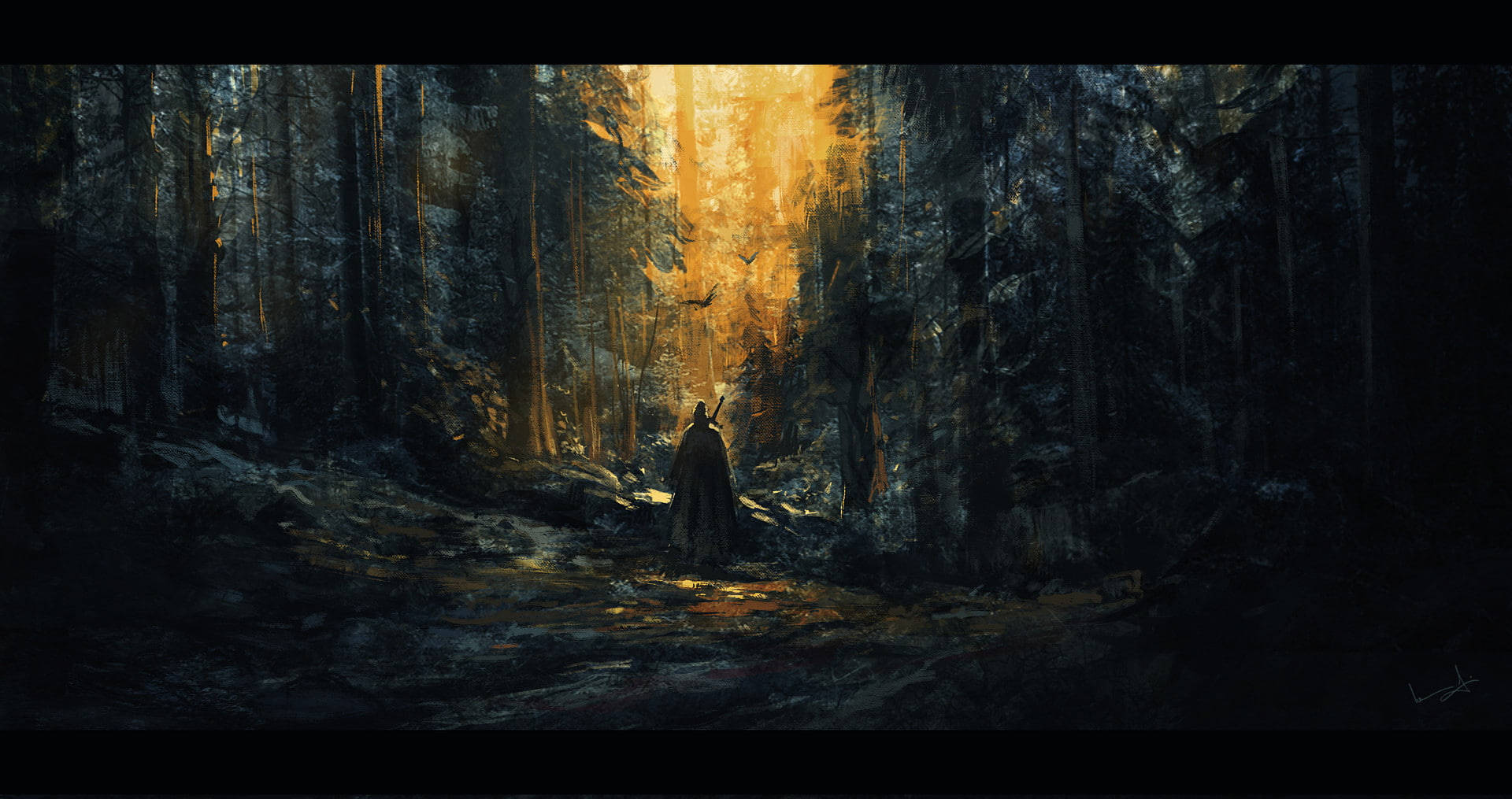 Lord Of The Rings Landscape 桌布 壁紙 — 一個孤獨的披風身影穿過黑暗的森林，金色的陽光穿透前方的樹冠。
