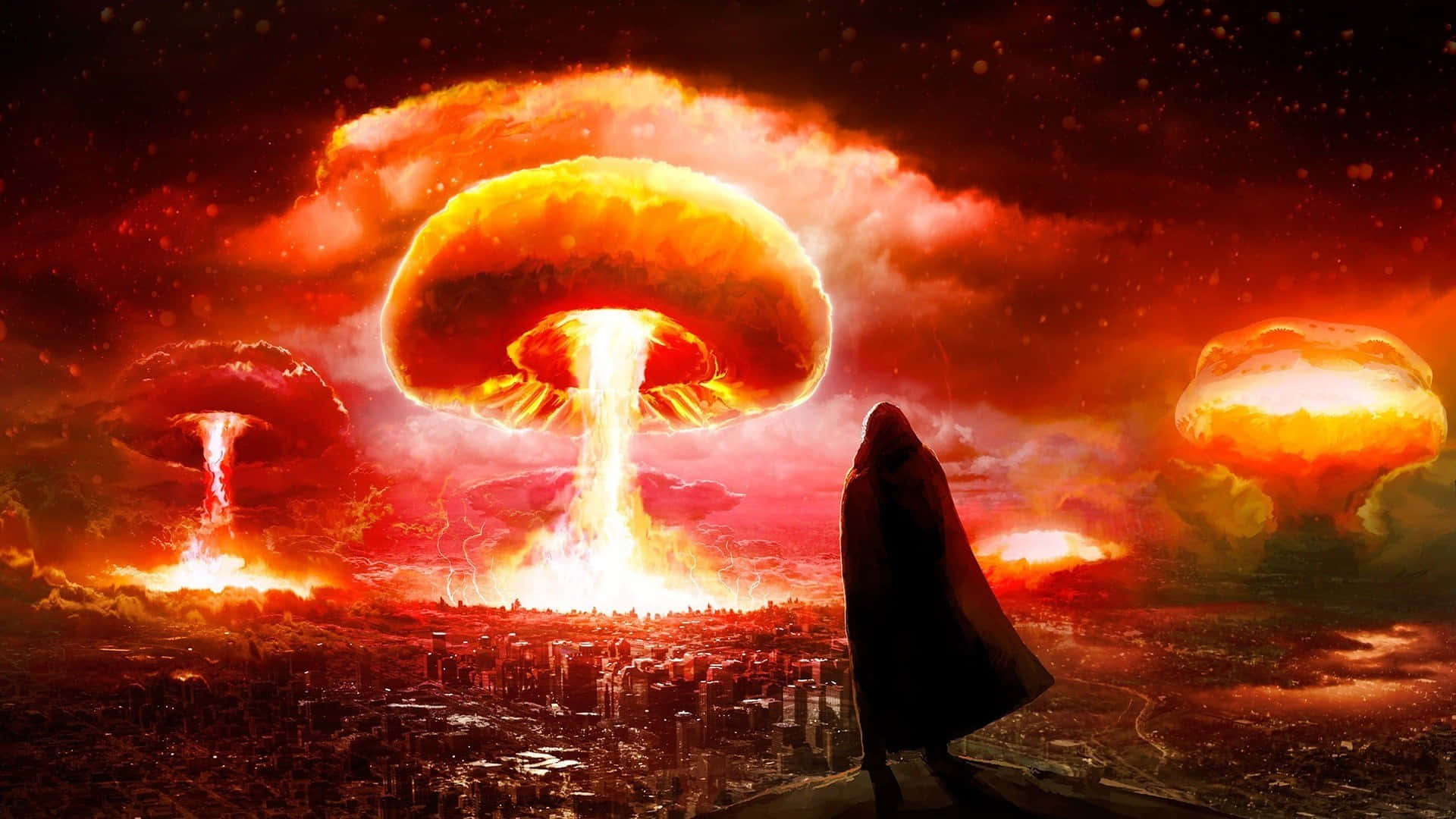 Fallout Nuke 桌布 壁紙 — 一個孤獨的披風身影站在山丘上，俯瞰著一座被三場巨大熾熱核爆炸吞噬的城市，天空血紅。