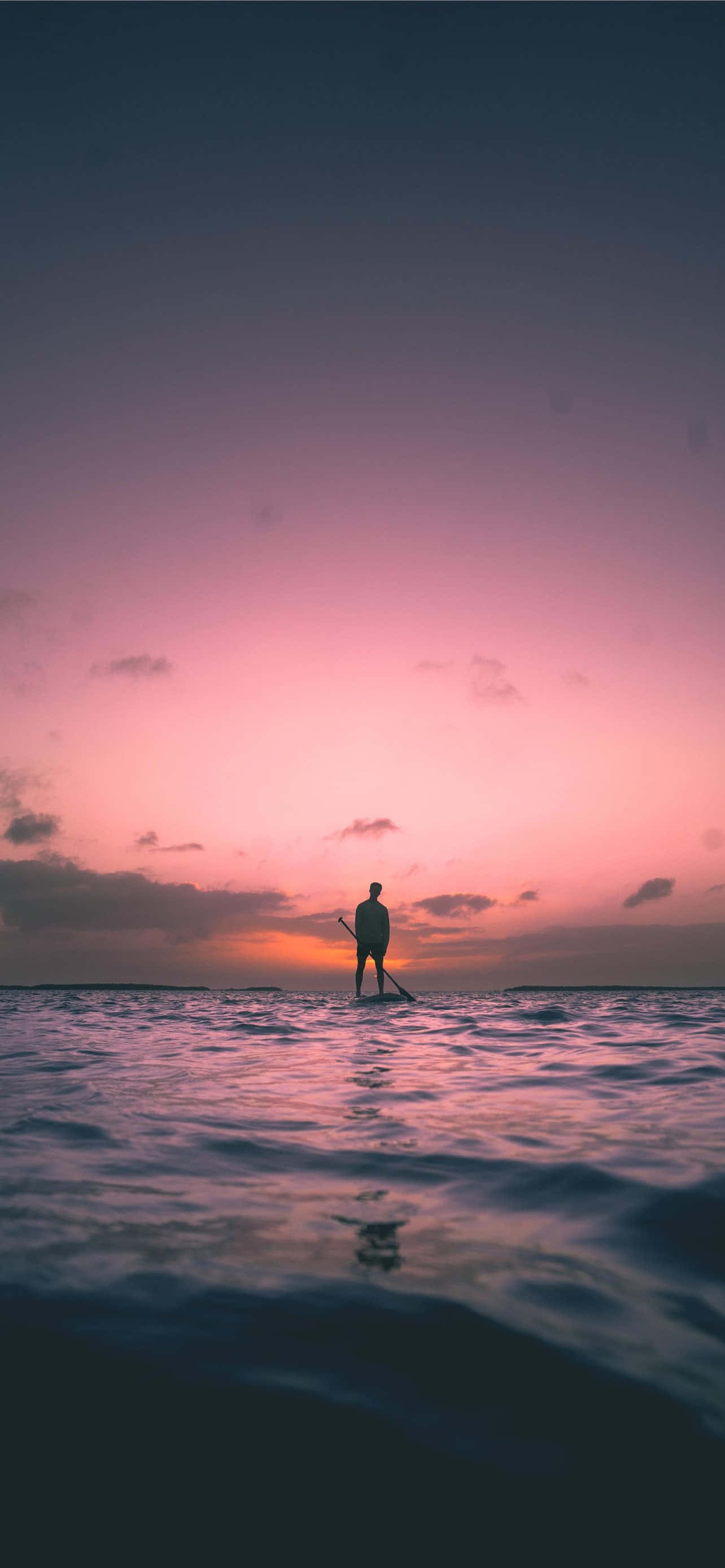 Paddleboarding 桌布 壁紙 — 一個孤獨的槳板衝浪者剪影，映襯在平靜海面上充滿活力的粉紅和紫色日落。