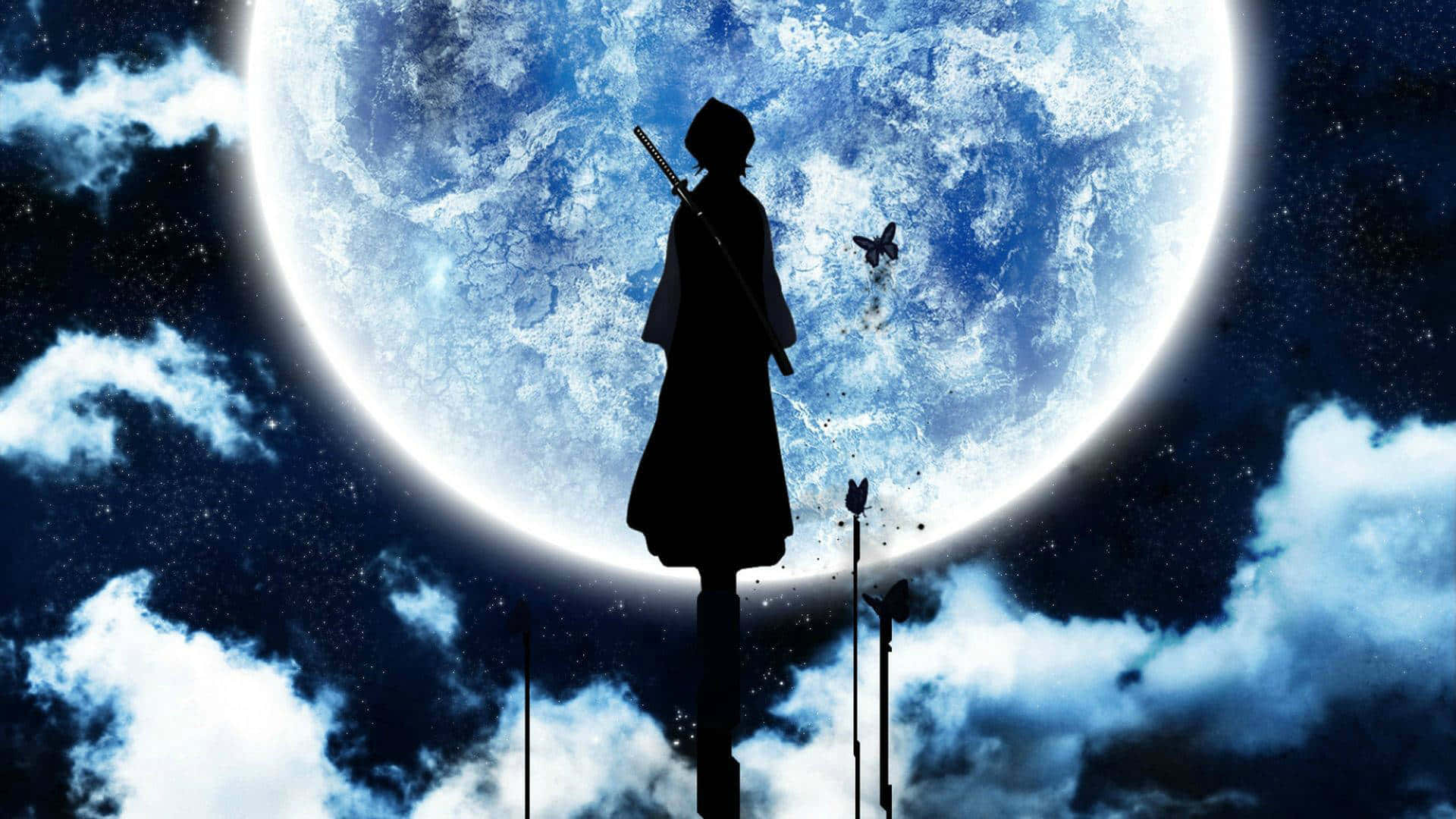 靚靚動畫 桌布 壁紙 — 一個孤獨的武士剪影站在一個巨大的發光月亮前，蝴蝶在繁星點點的夜空中飛舞。
