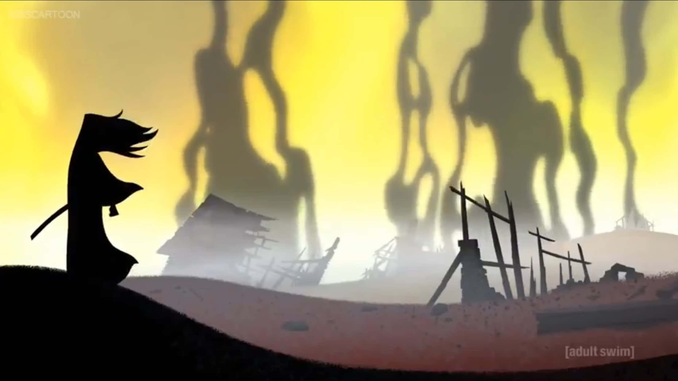 samurai jack 桌布 壁紙 — 一個孤獨的武士剪影站在廢棄村莊前，背後是發光的黃色天空，幽靈般的身影隱現。
