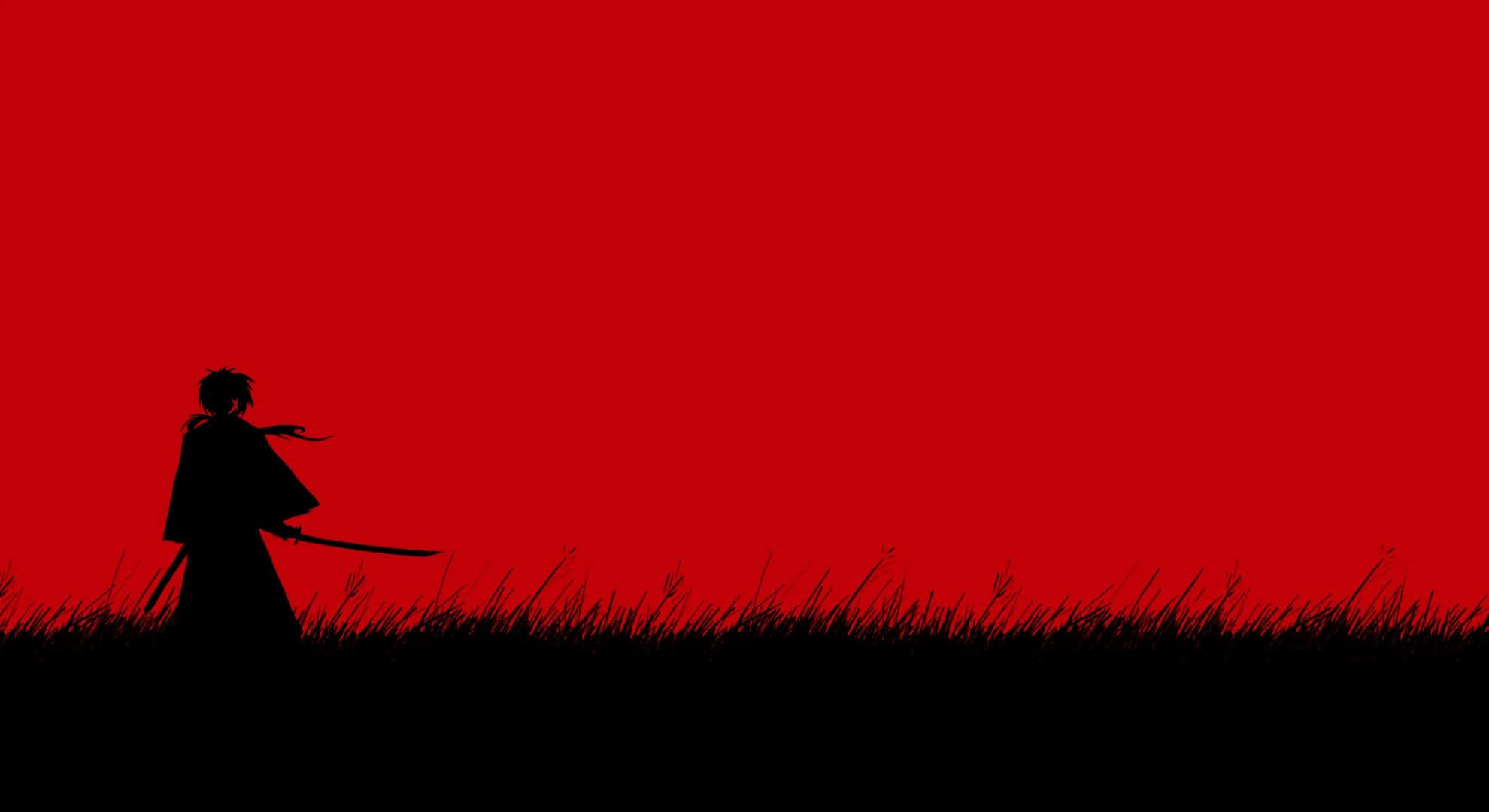 samurai jack 桌布 壁紙 — 一個孤獨的武士剪影站在黑色的草地上，手持劍，背景是鮮紅色的天空。