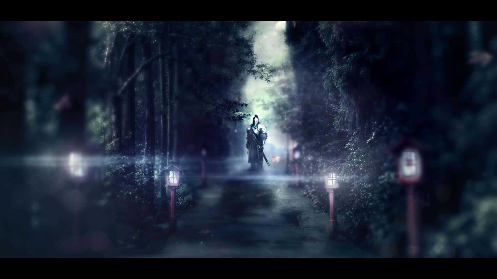 武士戰士在夜間獨自穿過霧氣瀰漫的森林，伴隨著發光的燈籠。 — 黑暗靈魂 GIF 壁紙