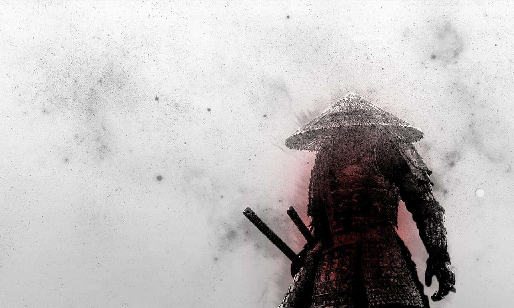 武士 桌布 壁紙 — 一個孤獨的武士戰士，身穿暗色盔甲和草帽，在帶有微妙紅光的霧濛濛灰色背景上呈現剪影。