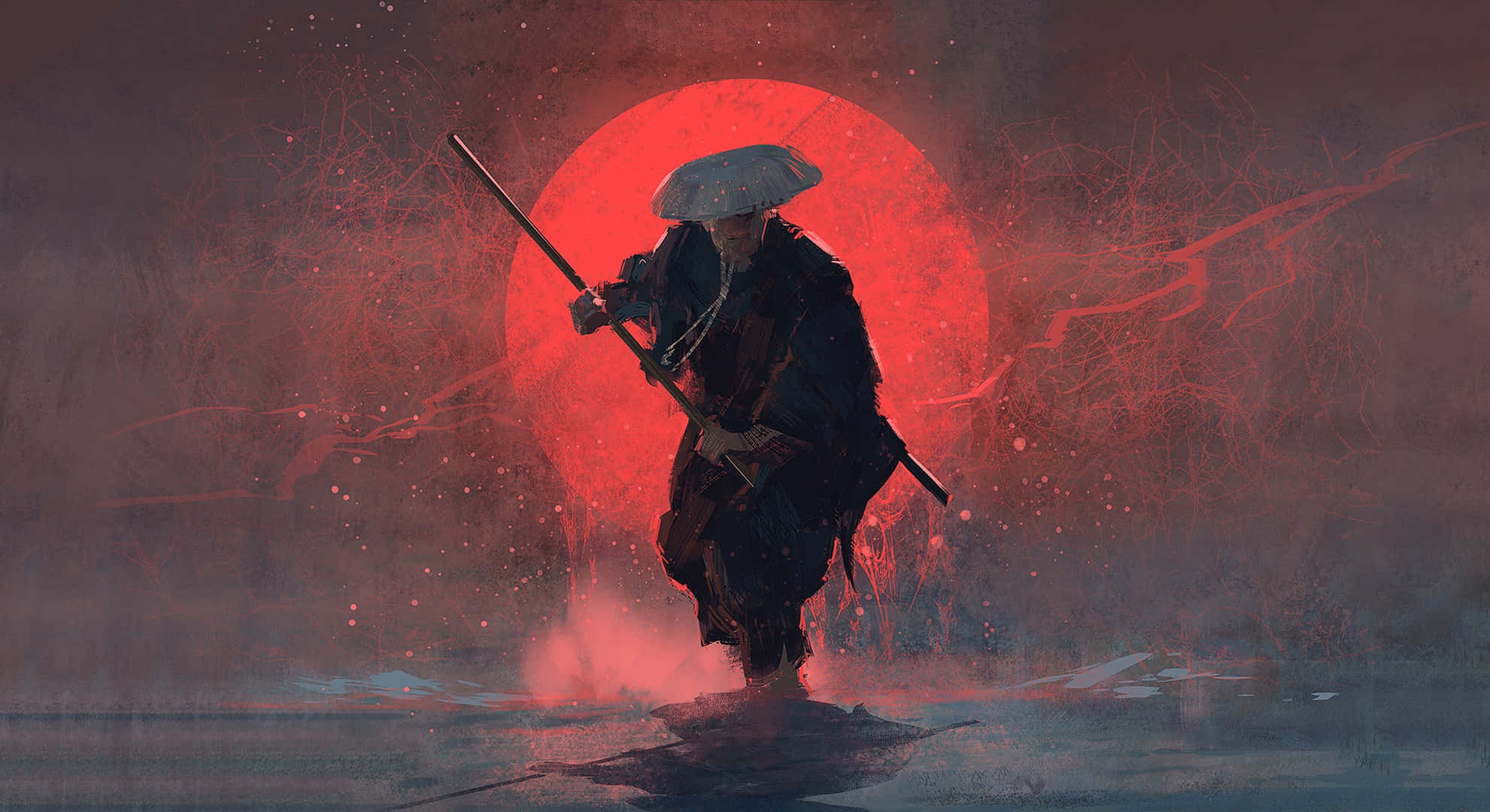 Samurai X 桌布 壁紙 — 一個孤獨的武士戰士，身穿深色長袍和帽子，手持劍，朝著一個巨大的發光紅日邁步前進。
