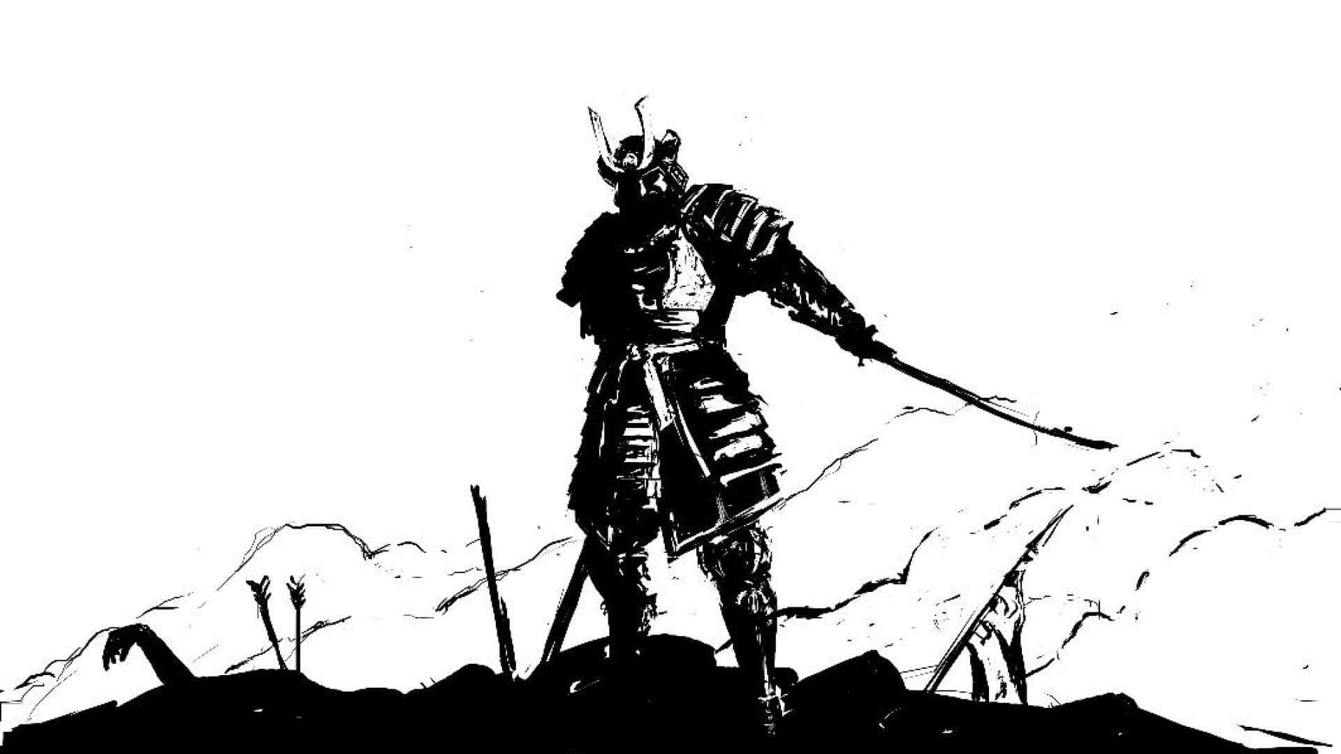 Black And White Samurai 桌布 壁紙 — 一個孤獨的武士戰士穿著全套盔甲站在戰場上，手持劍，周圍有斷裂的長矛。