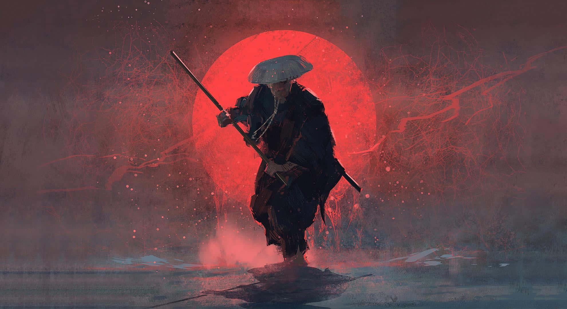 武士 桌布 壁紙 — 一個孤獨的武士戰士穿著深色長袍和帽子，手持杖，在巨大的發光紅色太陽背景下大步向前。