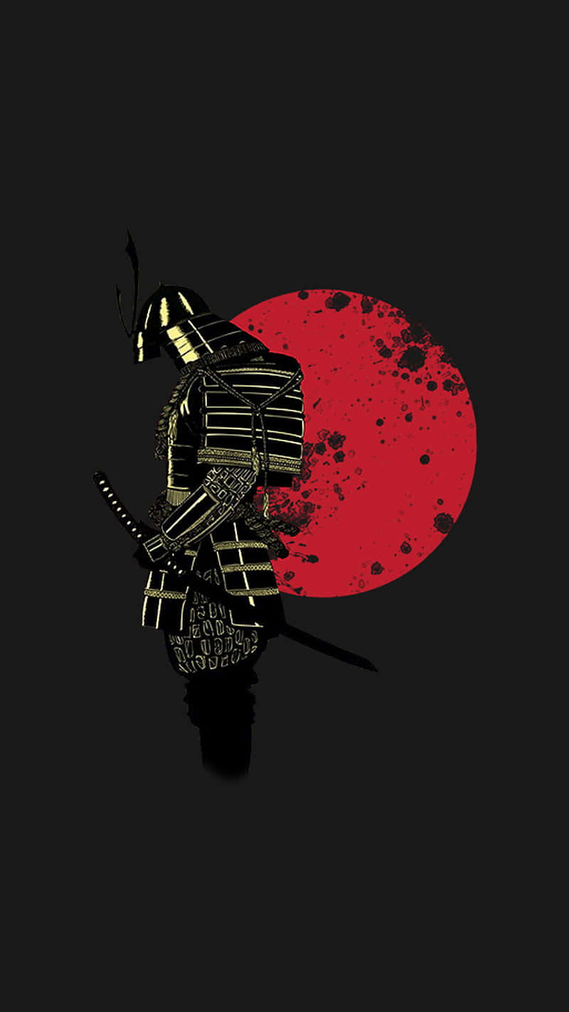 Bushido Samurai 桌布 壁紙 — 一個孤獨的武士戰士穿著黑色和金色的盔甲，在黑暗的背景上以一個大膽的紅色飛濺的太陽為剪影站立。