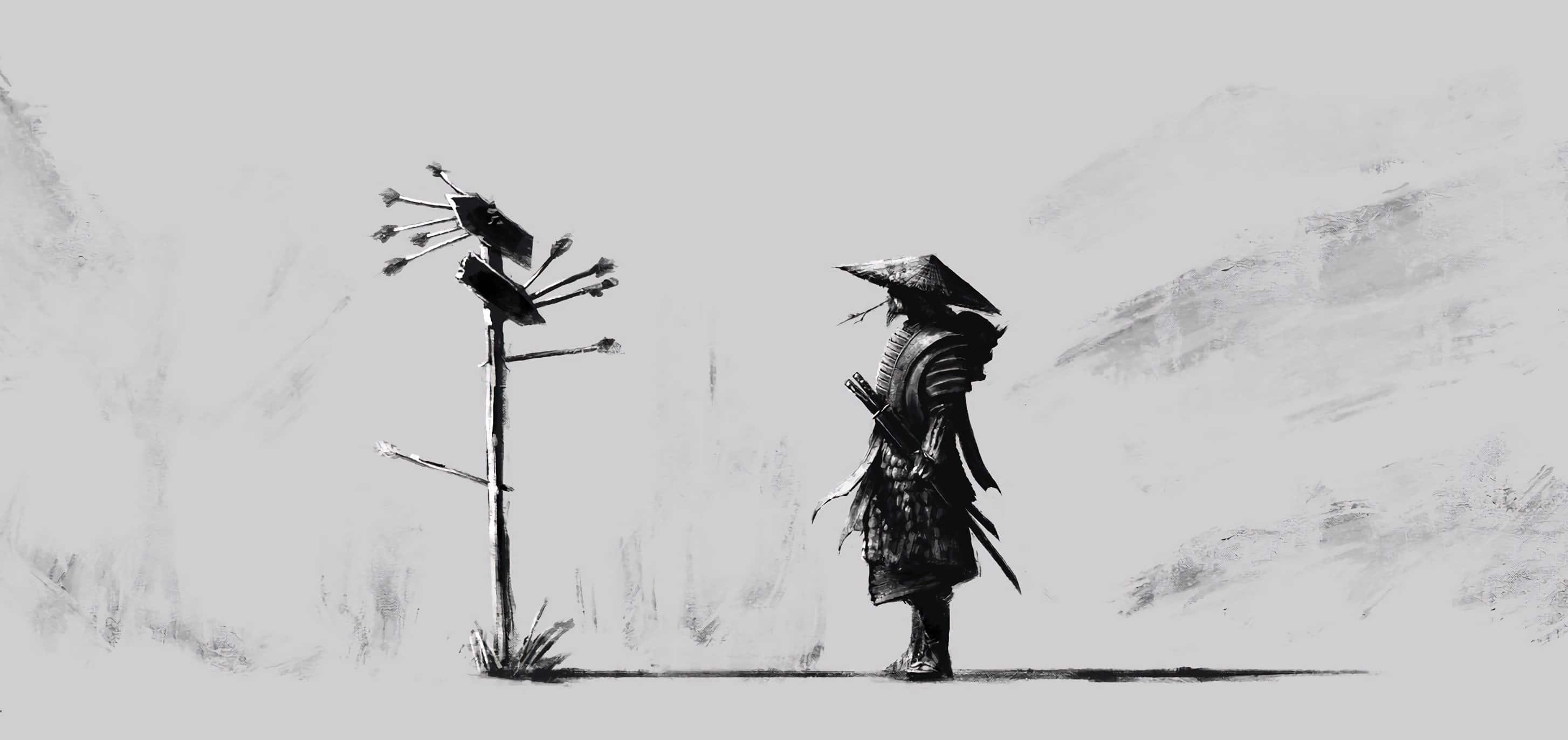 Black And White Samurai 桌布 壁紙 — 一個孤獨的武士穿著傳統盔甲，莊嚴地站在一個插著箭的木柱旁，背景是極簡的黑白風景。
