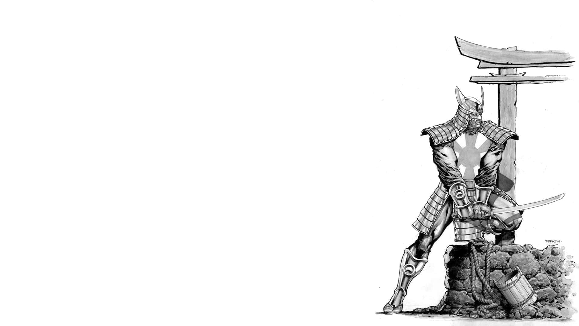 Black And White Samurai 桌布 壁紙 — 一個孤獨的武士穿著精細的盔甲，在鳥居旁邊手持武士刀守衛。