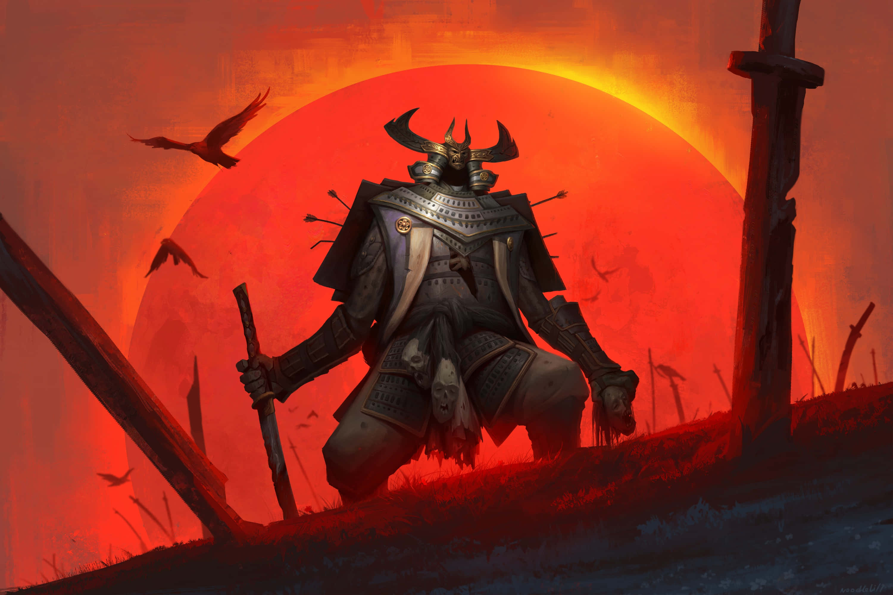 Samurai Armor 桌布 壁紙 — 一個孤獨的武士穿著華麗的盔甲，跪在巨大的血紅色太陽前，烏鴉在熾熱的黃昏中飛過頭頂。