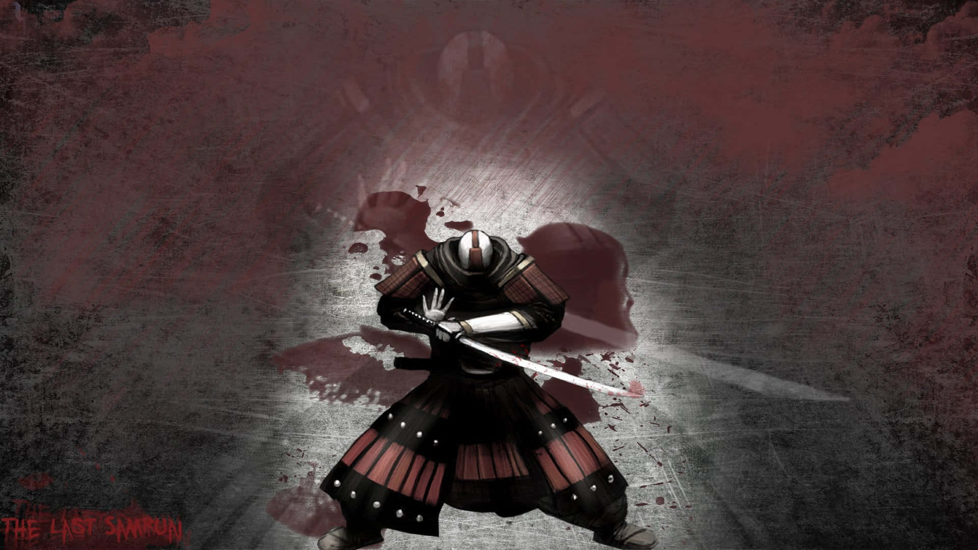 Samurai X 桌布 壁紙 — 一個孤獨的武士穿著黑色鎧甲，在粗糙的紅色和灰色背景下，手持閃亮的武士刀，擺出準備姿勢。