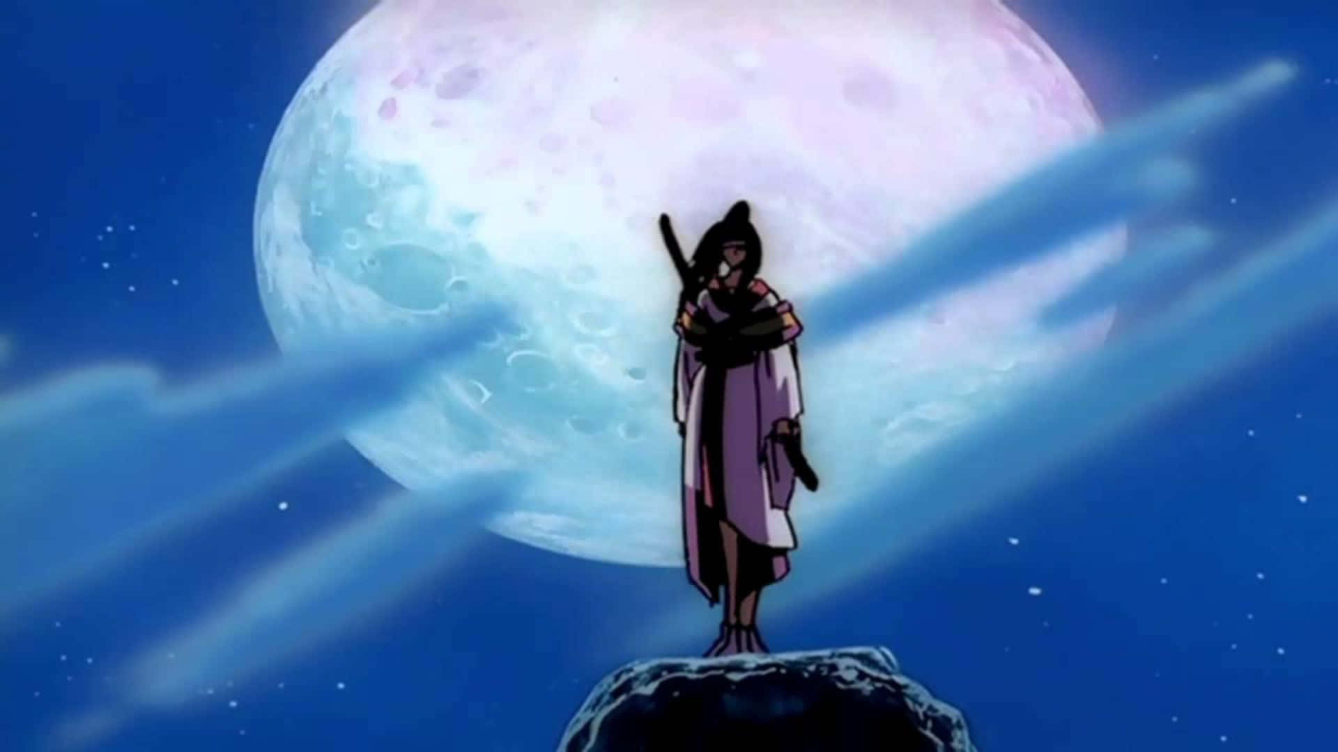 Twilight Suzuka 桌布 壁紙 — 一個孤獨的武士站在岩石山峰上，下方是星空夜空中巨大的發光月亮。