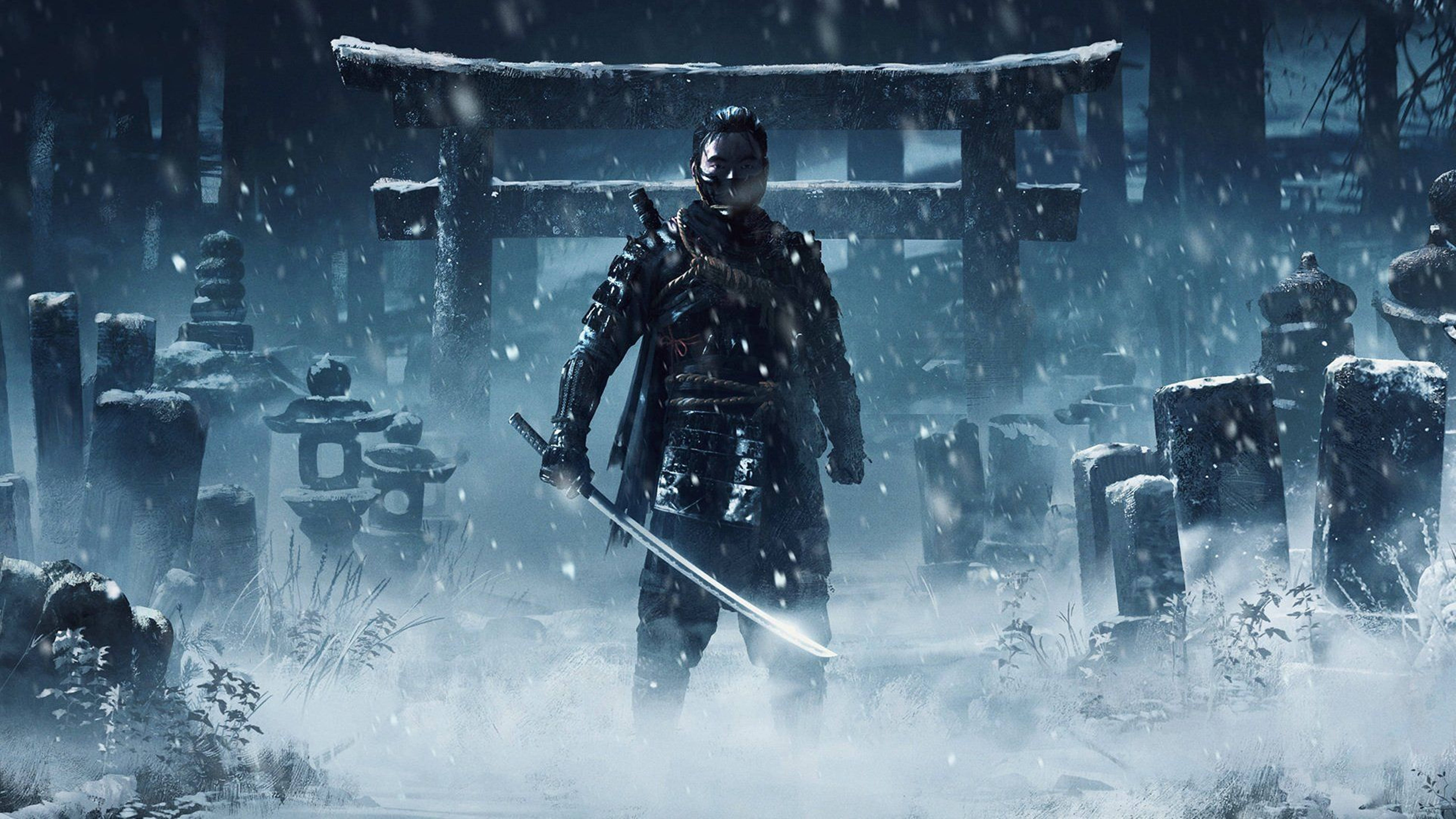 武士 桌布 壁紙 — 一個孤獨的武士站在雪中的日本墓地，鳥居下，雪花飄落在石燈籠和墓碑周圍。