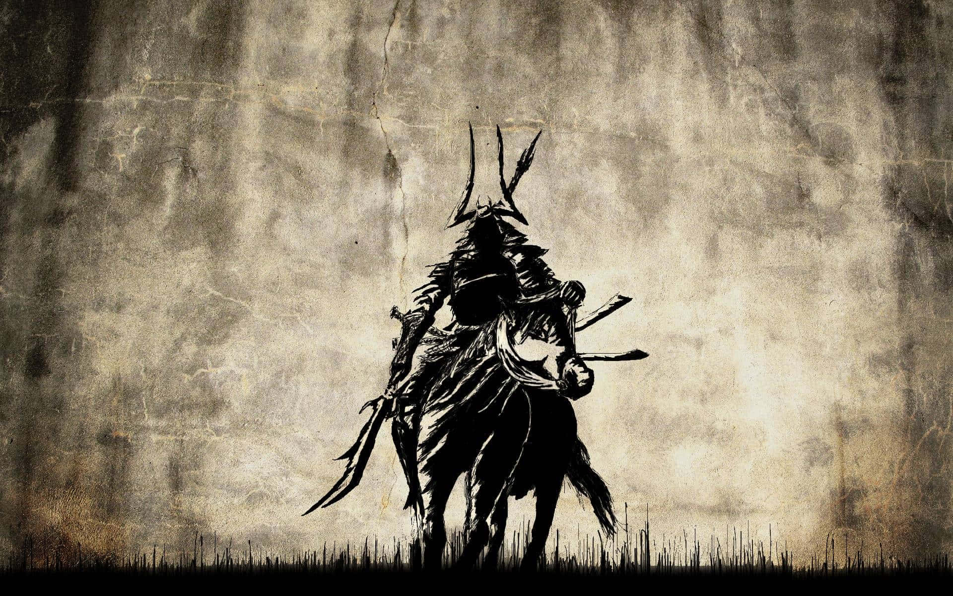 武士 桌布 壁紙 — 一個孤獨的武士騎在馬上，以剪影形式站在風化的羊皮紙背景前，底部有草。