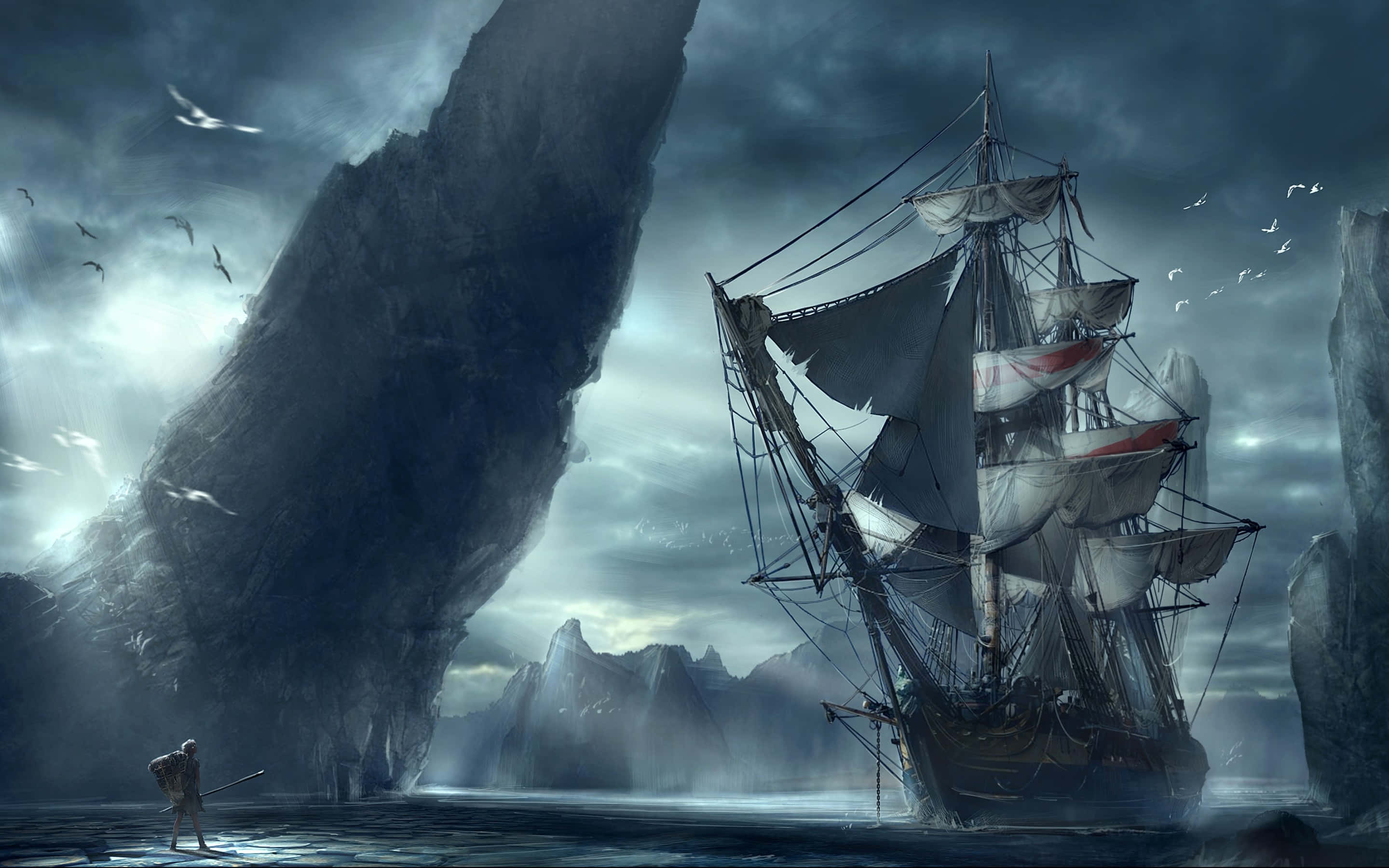 Pirate Ship 桌布 壁紙 — 一個孤獨的水手站在冰冷的水面上，一艘飽經風霜的船在暴風雨灰濛濛的天空下駛過高聳的鋸齒狀懸崖。