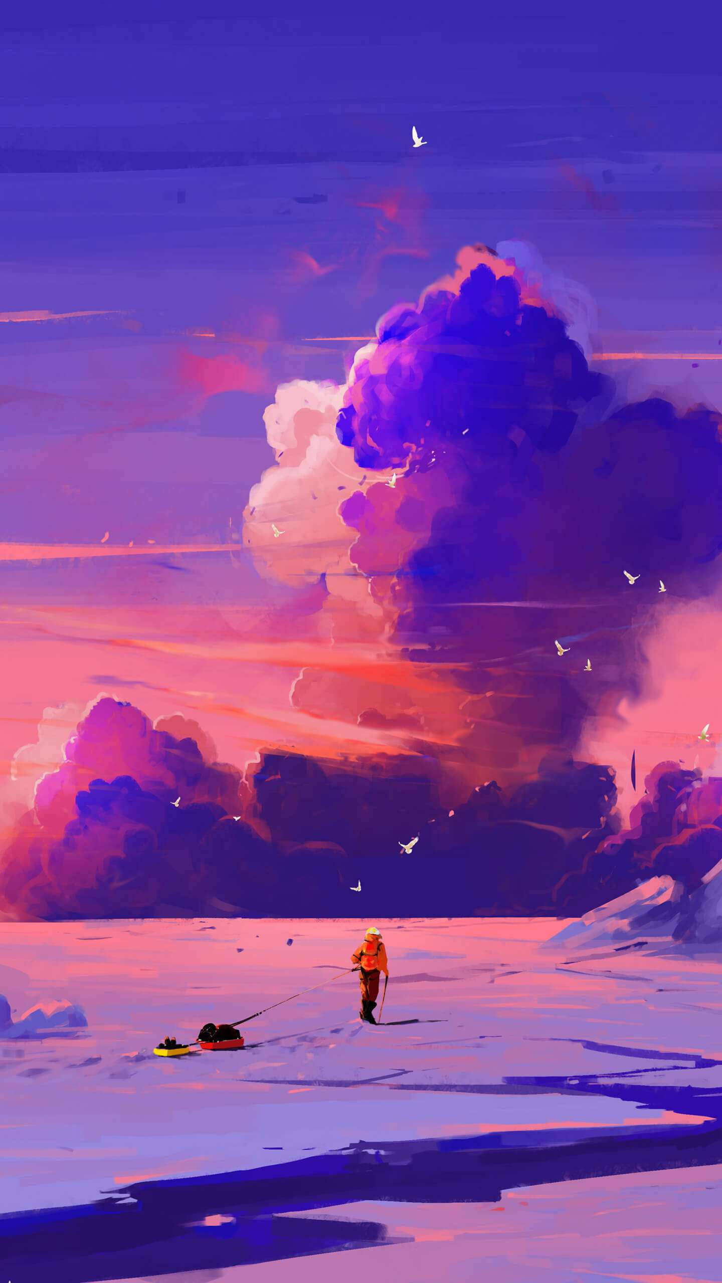 artwork 桌布 壁紙 — 一個孤獨的漁夫站在冰凍的湖面上，天空是戲劇性的紫色和粉紅色日落，鳥兒飛翔。