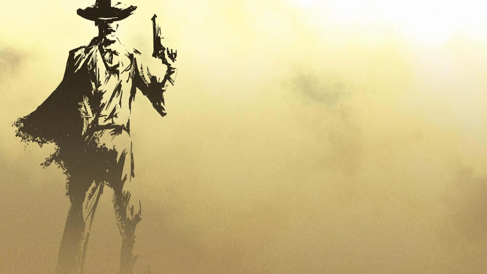 Wild West 桌布 壁紙 — 一個孤獨的牛仔剪影，手持手槍，挑釁地站在朦朧的金色天空前。