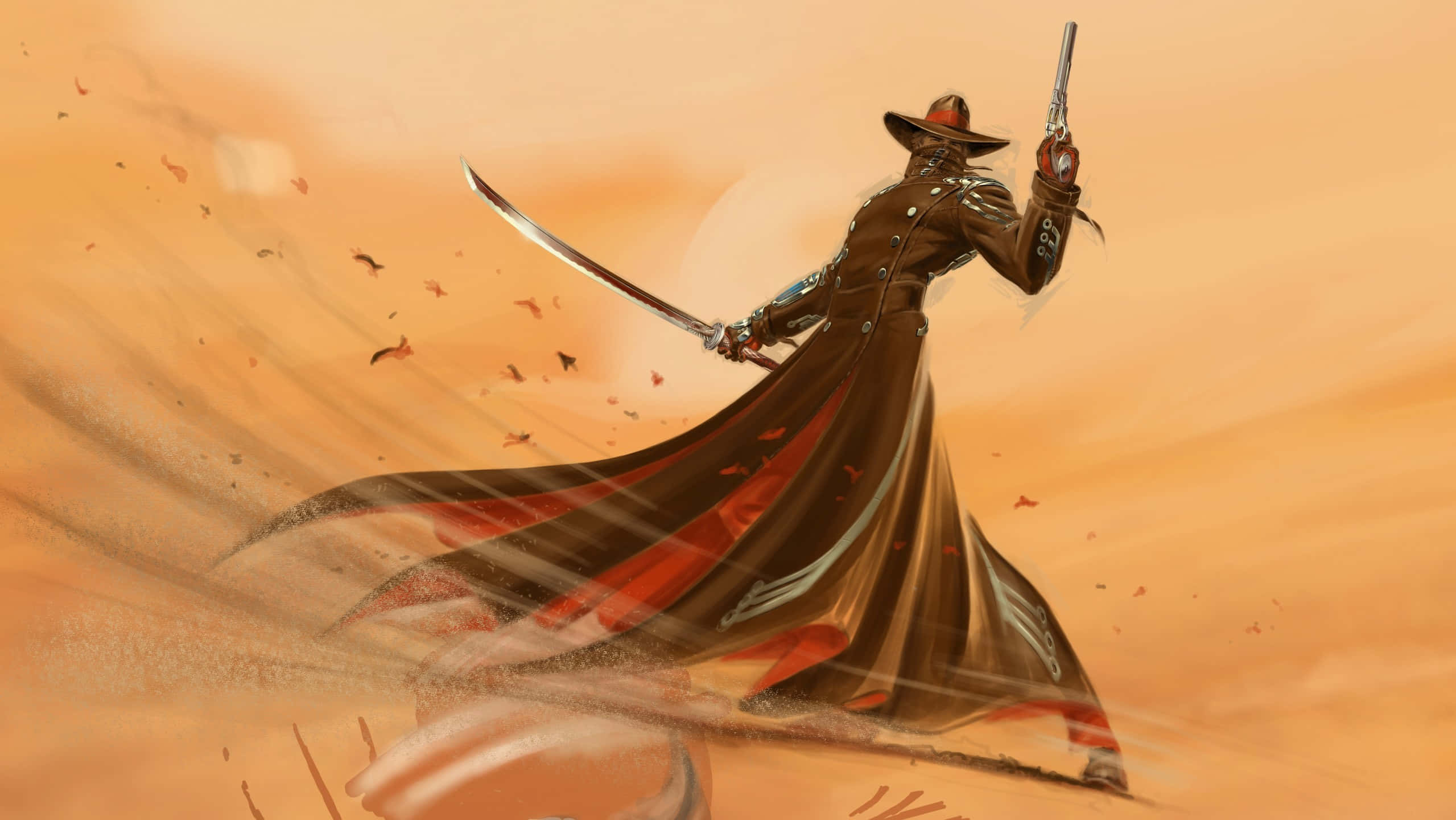 Bushido 桌布 壁紙 — 一個孤獨的牛仔穿著長外套，揮舞著劍和手槍，對抗著旋轉的橙色沙漠風和落葉。