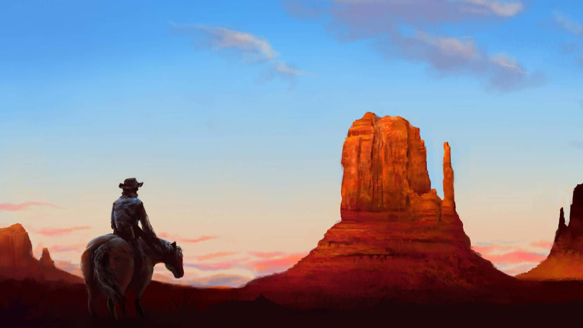 Wild West 桌布 壁紙 — 一個孤獨的牛仔騎在馬背上，凝視著在柔和暮色天空下高聳的紅色岩層。