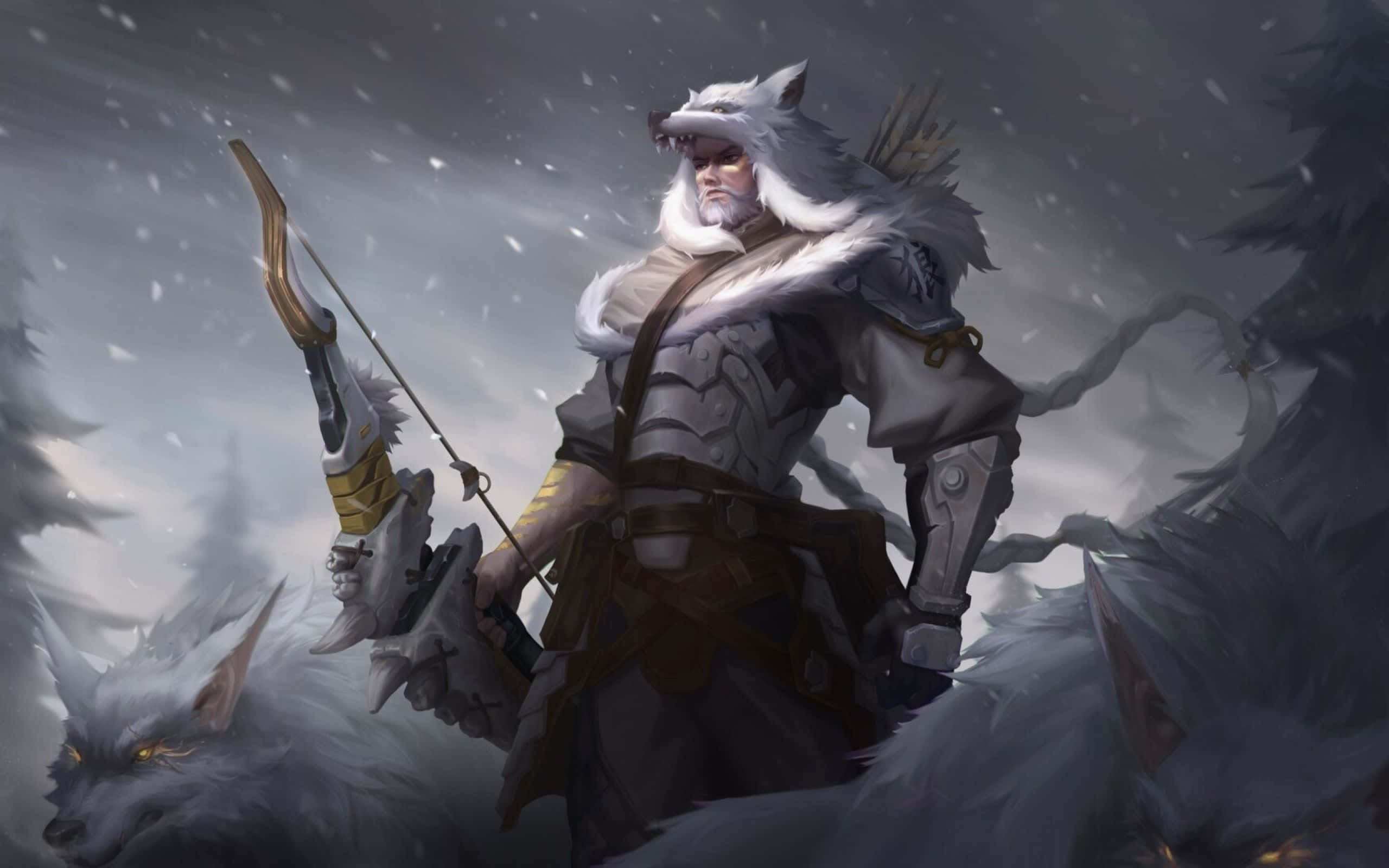 Overwatch Hanzo 桌布 壁紙 — 一個孤獨的狼頭戰士，身穿毛皮襯裏的盔甲，在風暴天空下的雪地森林中持弓待發。