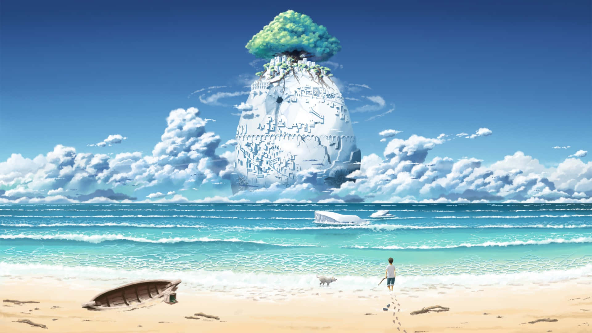 Laputa Castle In The Sky 桌布 壁紙 — 一個孤獨的男孩沿著陽光明媚的海灘走向一個巨大的浮島，島上長滿了茂密的綠色樹木。