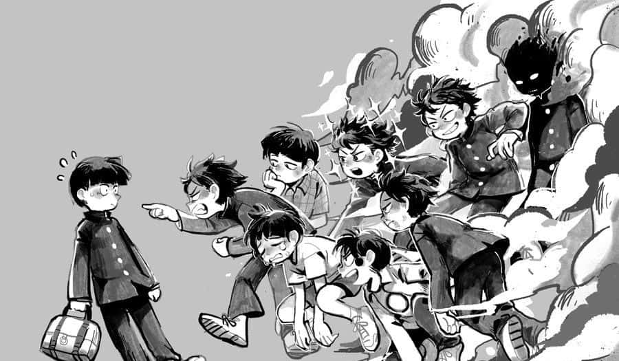 Ritsu Kageyama 桌布 壁紙 — 一個孤獨的男孩背著書包走開，一群憤怒的男學生穿過旋轉的煙霧追趕他。