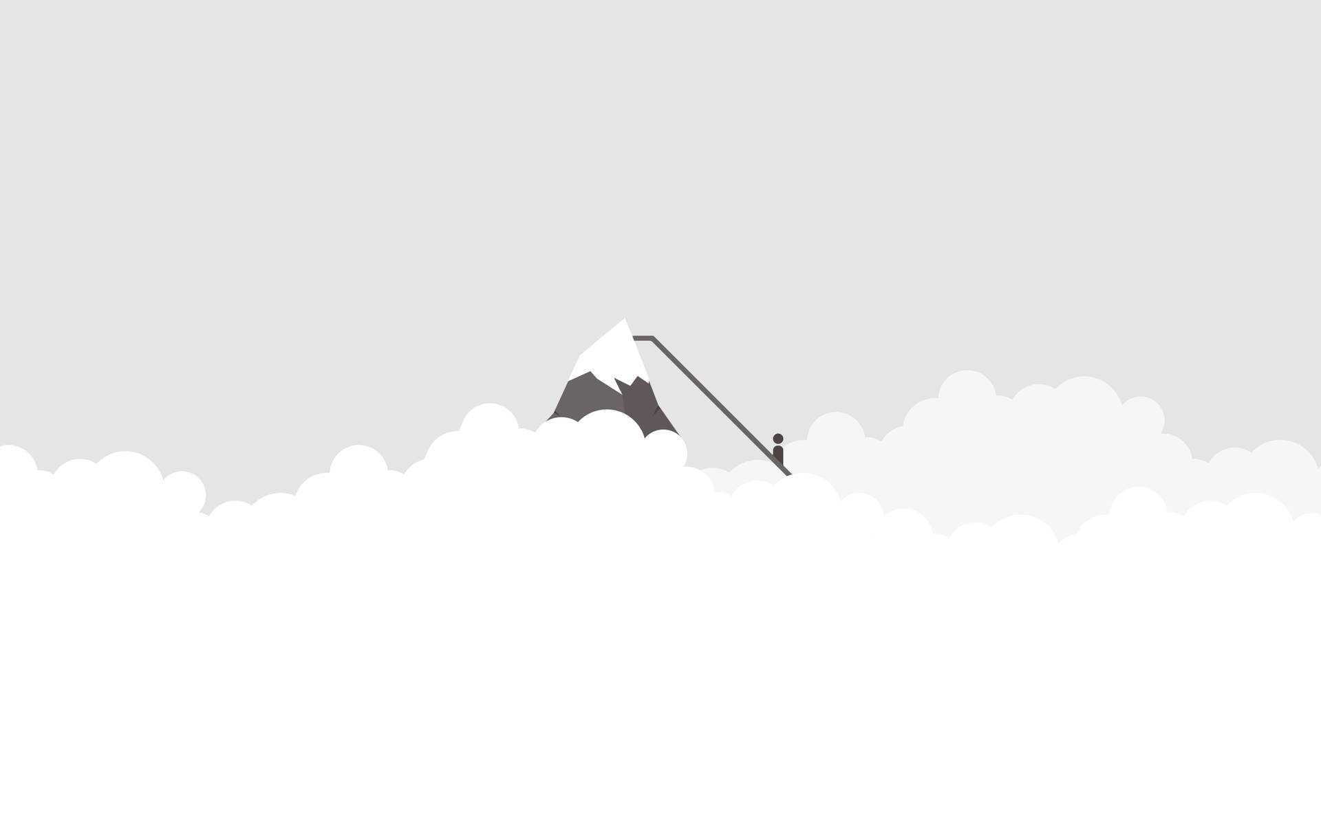  壁紙 — 一個孤獨的登山者穿過柔軟的雲層攀登積雪山峰的極簡輪廓。