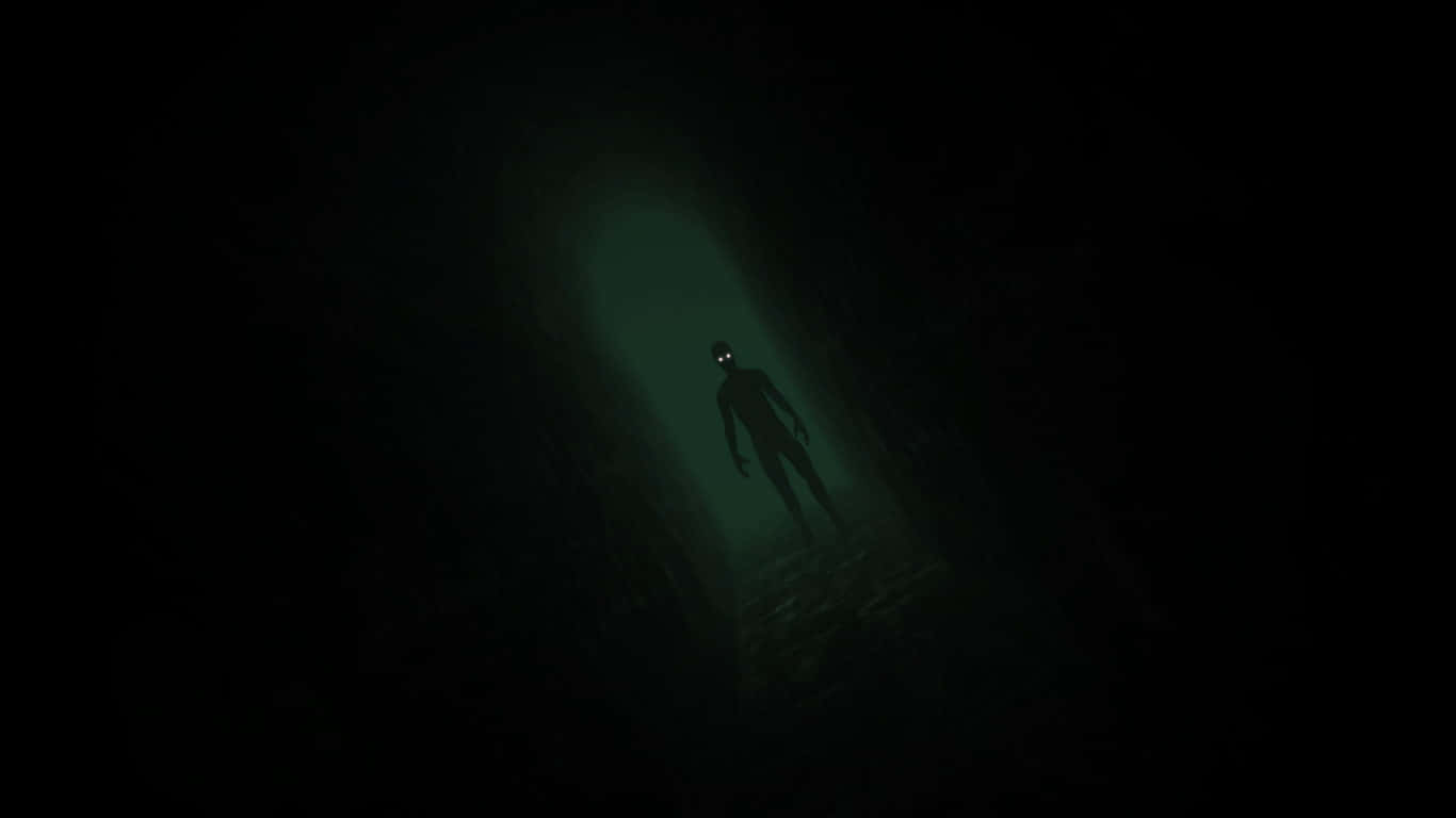 Dark Corner 桌布 壁紙 — 一個孤獨的發光眼睛身影站在狹窄黑暗的隧道中，籠罩在詭異的綠光下。