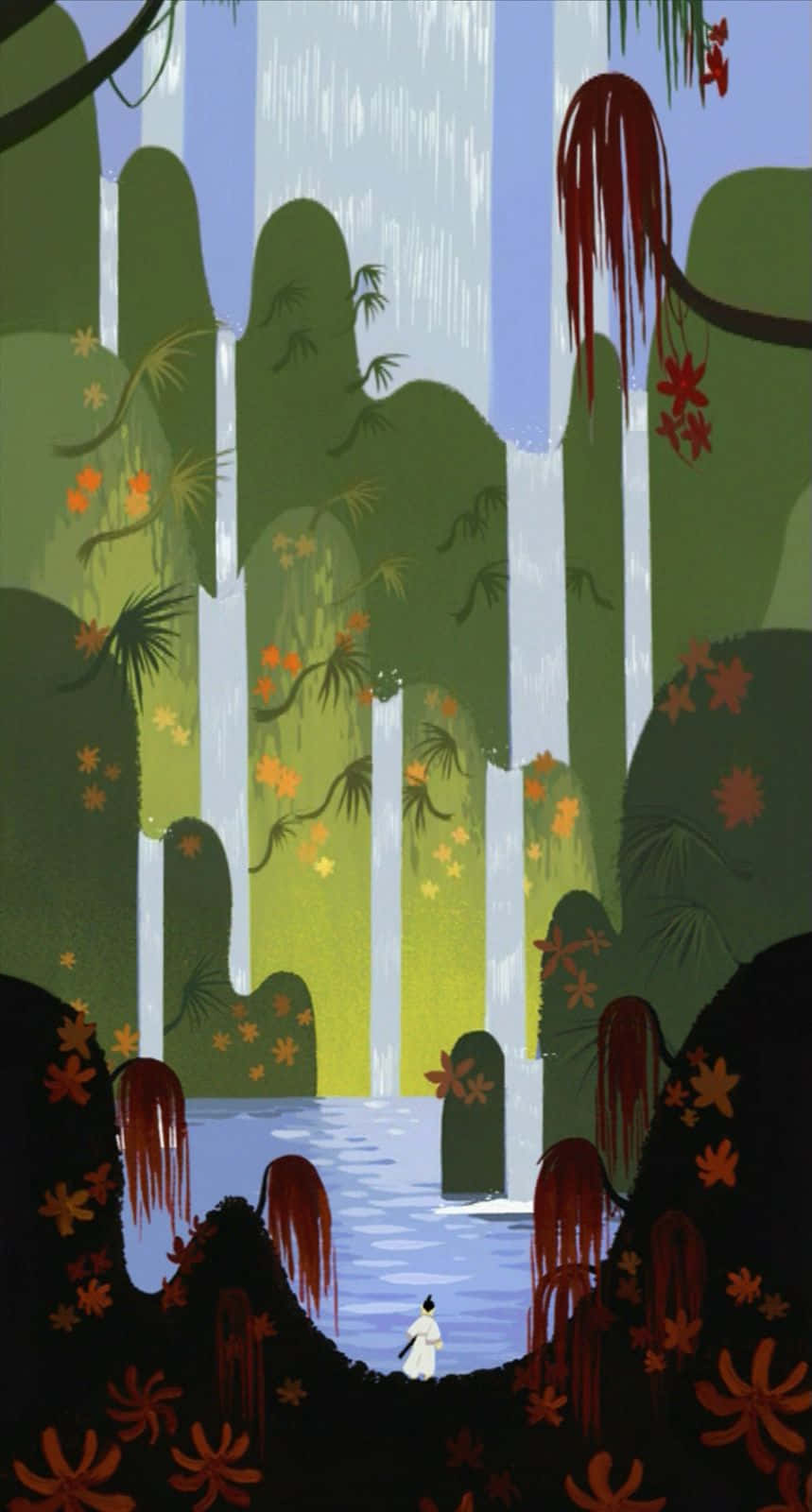 samurai jack 桌布 壁紙 — 一個孤獨的白衣身影站在寧靜的瀑布前，瀑布穿過茂密的綠色森林，點綴著秋日橙色的花朵和垂掛的藤蔓。