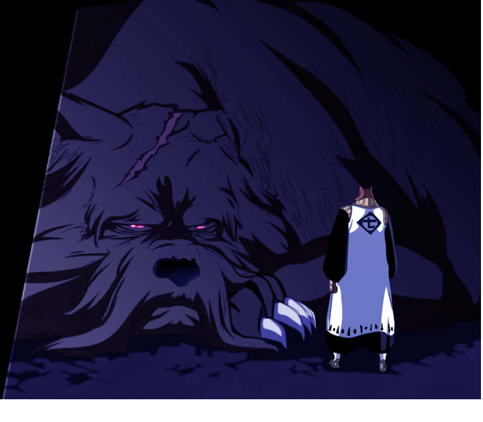 Sajin Komamura 桌布 壁紙 — 一個孤獨的白袍身影站在黑暗洞穴中，面對一隻擁有發光眼睛的巨大紫色兇猛野獸。