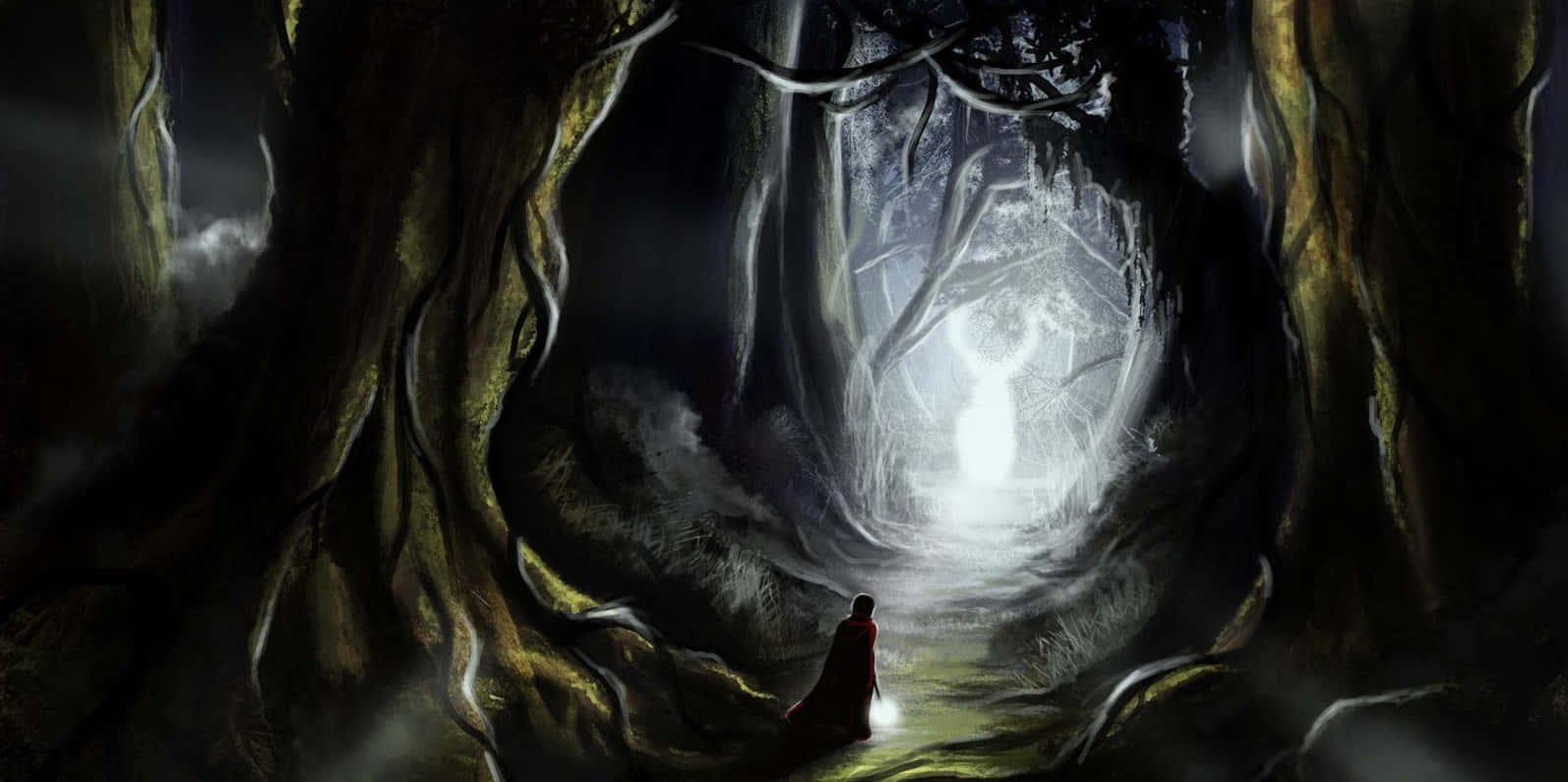 The Forbidden Forest 桌布 壁紙 — 一個孤獨的穿長袍身影站在黑暗扭曲的森林隧道中，凝視著前方明亮的光芒。