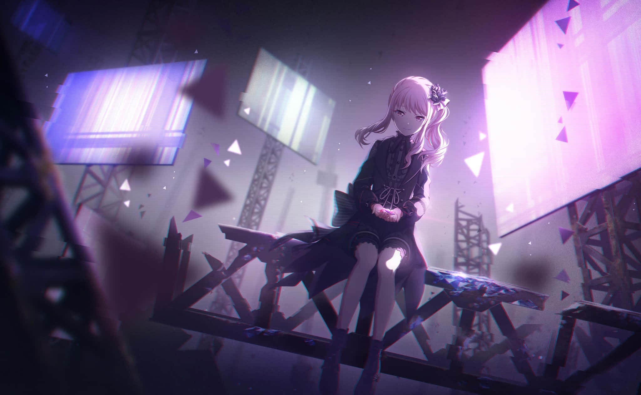 The Project 桌布 壁紙 — 一個孤獨的粉紅色頭髮動漫女孩坐在破爛的長椅上，周圍漂浮著紫色三角形和發光的屏幕，身處賽博朋克廢墟中。