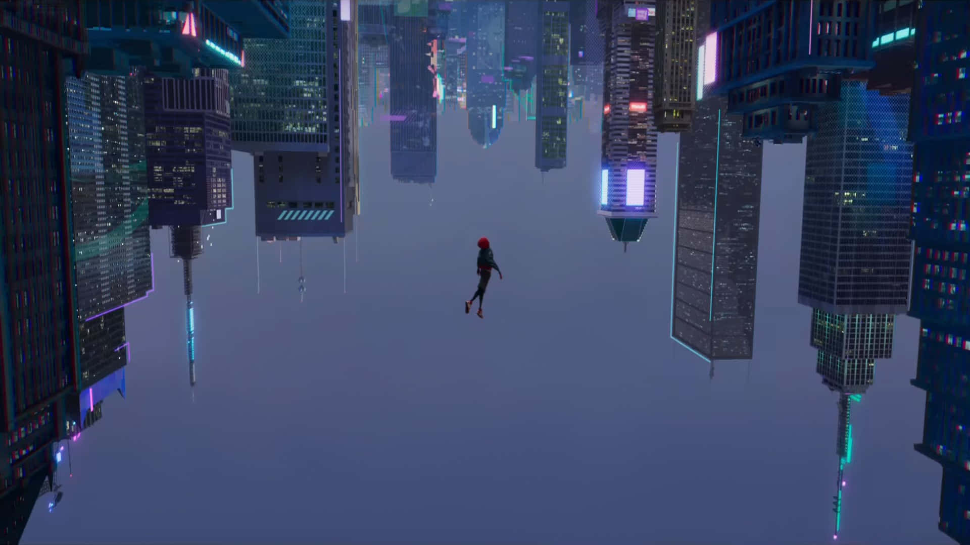 Miles Morales 動漫 桌布 壁紙 — 一個孤獨的紅色身影在倒置的摩天大樓之間滑行，這些大樓在超現實的顛倒城市景觀中閃爍著霓虹燈光。