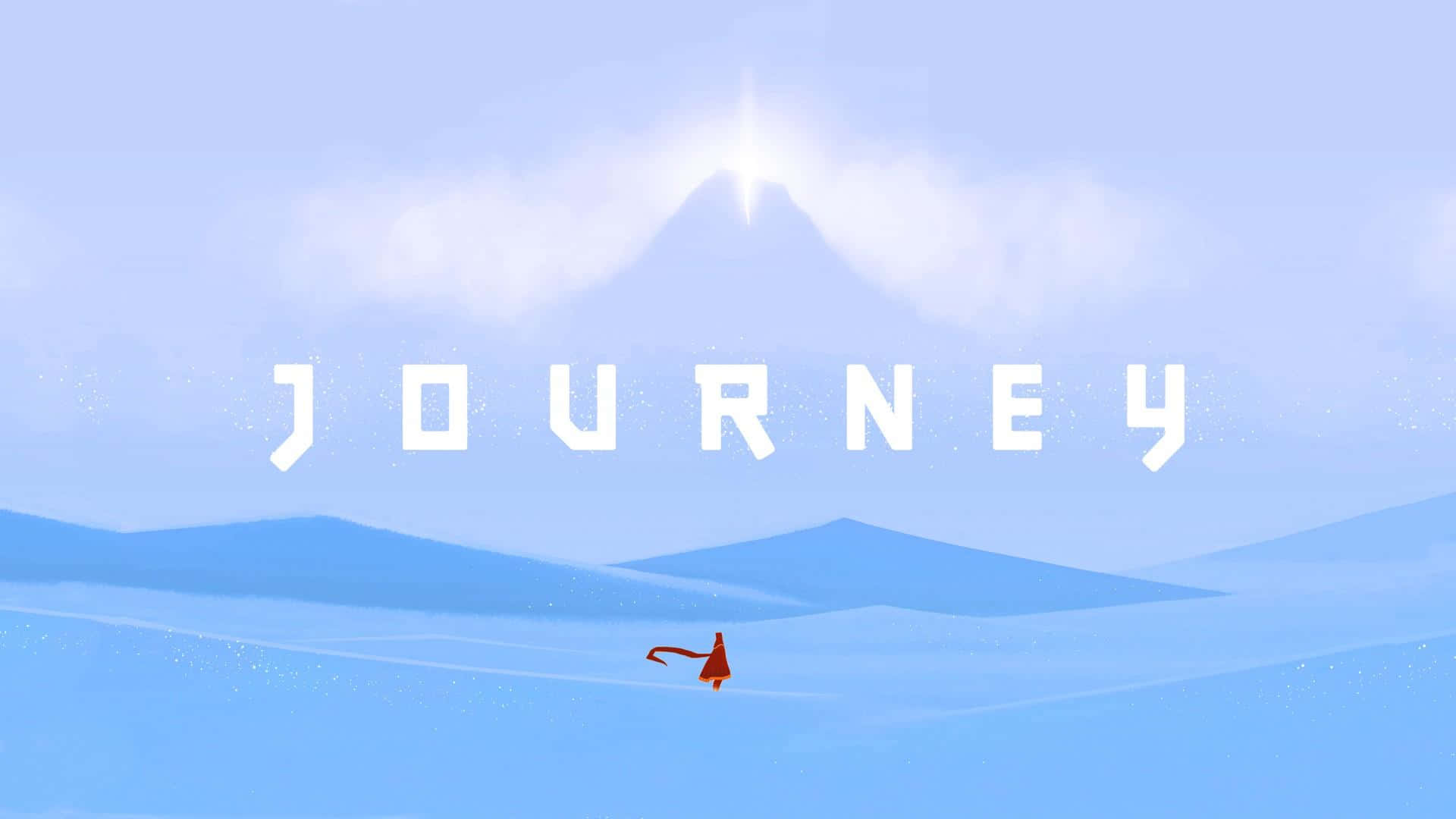 Journey 桌布 壁紙 — 一個孤獨的紅色身影在柔和的天空下，穿越廣闊的藍色沙漠，走向發光的山頂。