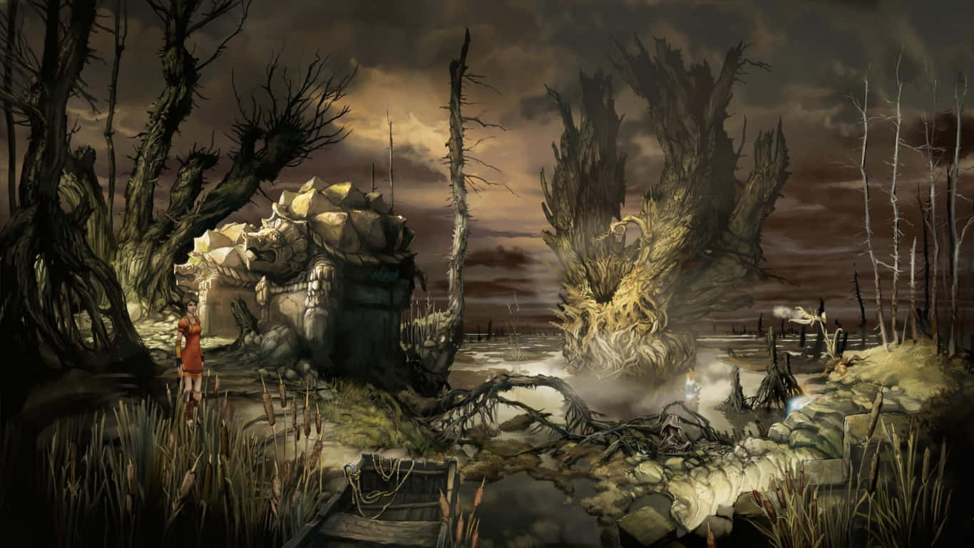 Dark Tales 桌布 壁紙 — 一個孤獨的紅色身影站在一片荒涼沼澤中，周圍是扭曲的樹木和詭異發光的真菌，面前是一座搖搖欲墜的石頭建築，背景是暴風雨前夕的天空。